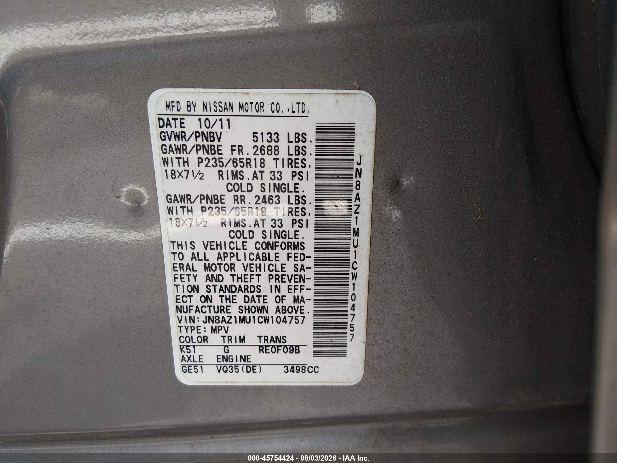 2012 Nissan Murano Sv Gray vin: JN8AZ1MU1CW104757