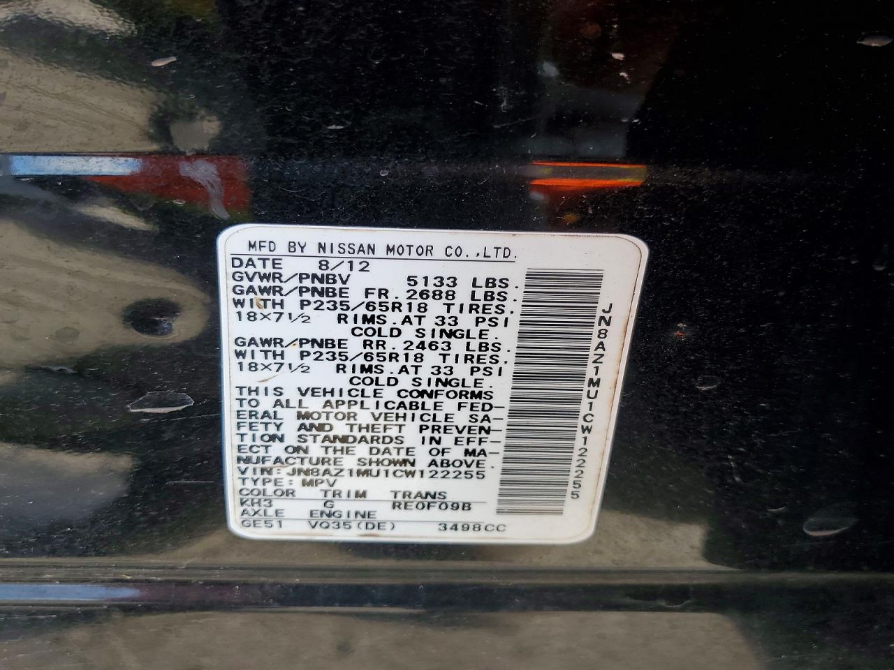 2012 Nissan Murano S Черный vin: JN8AZ1MU1CW122255