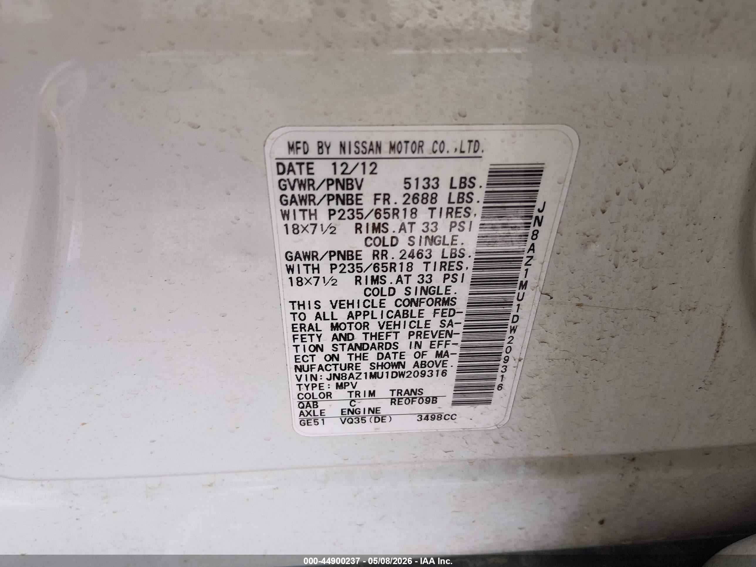 2013 Nissan Murano Sl White vin: JN8AZ1MU1DW209316