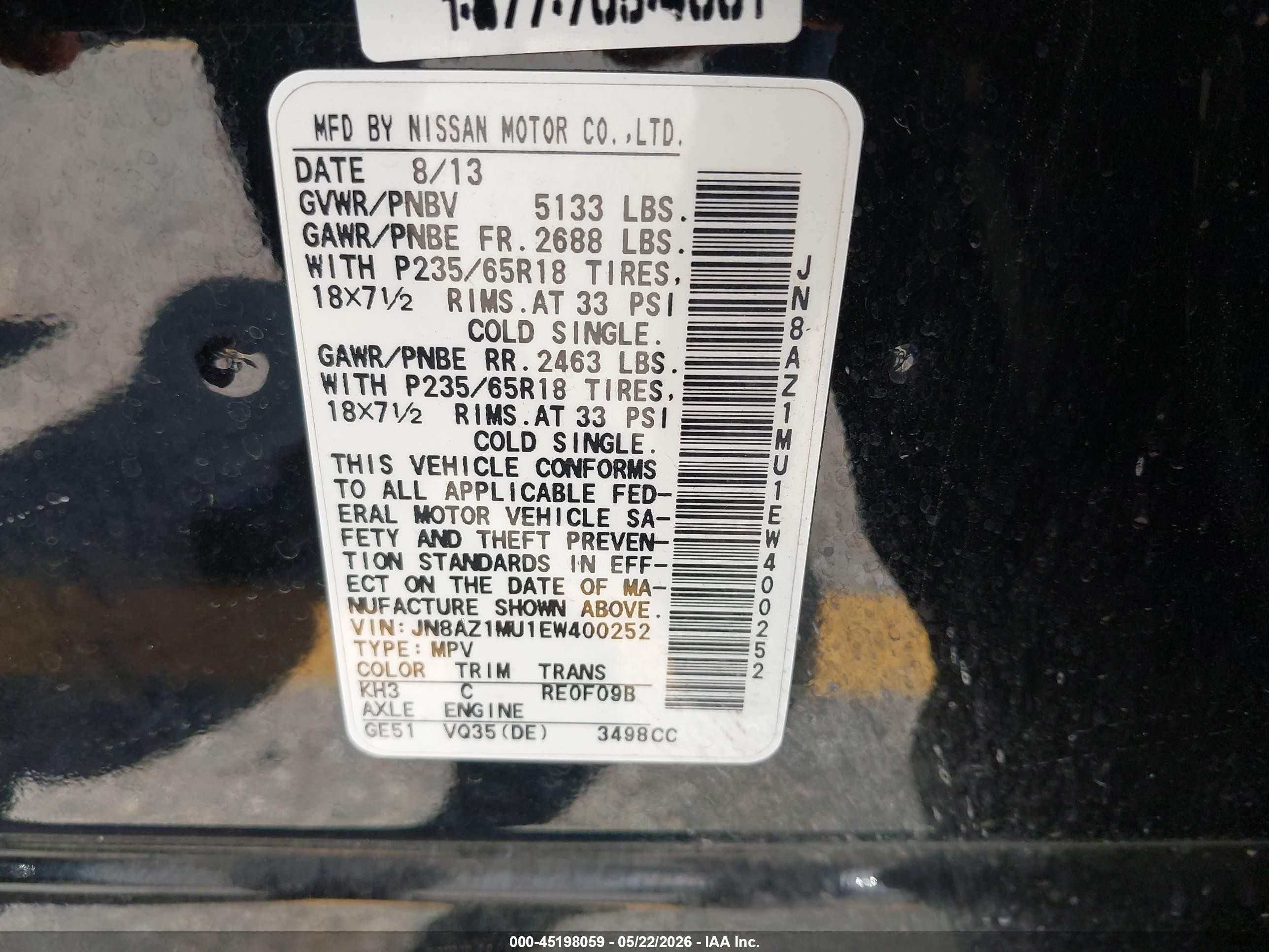 2014 Nissan Murano S Черный vin: JN8AZ1MU1EW400252