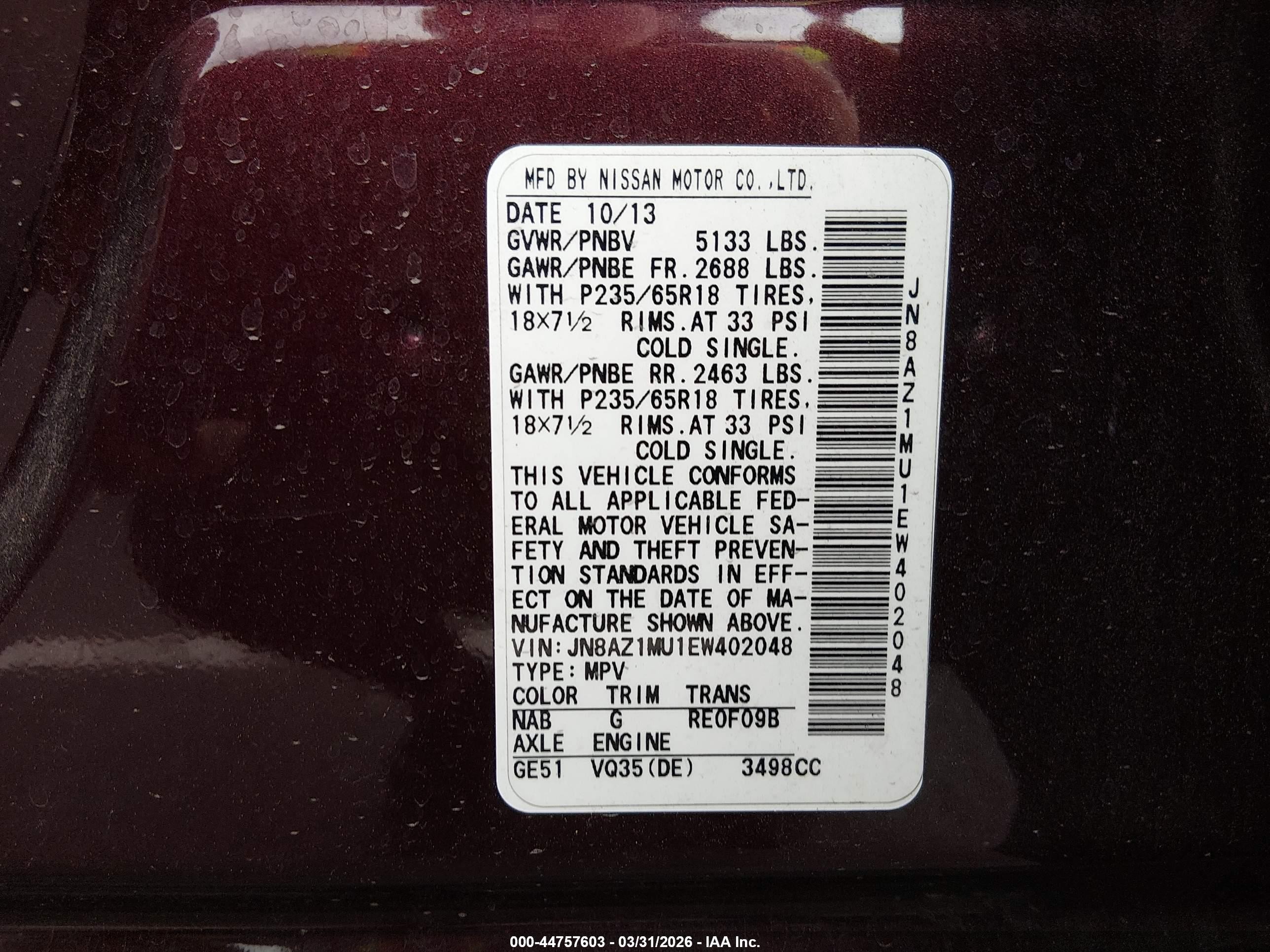 2014 Nissan Murano S Burgundy vin: JN8AZ1MU1EW402048