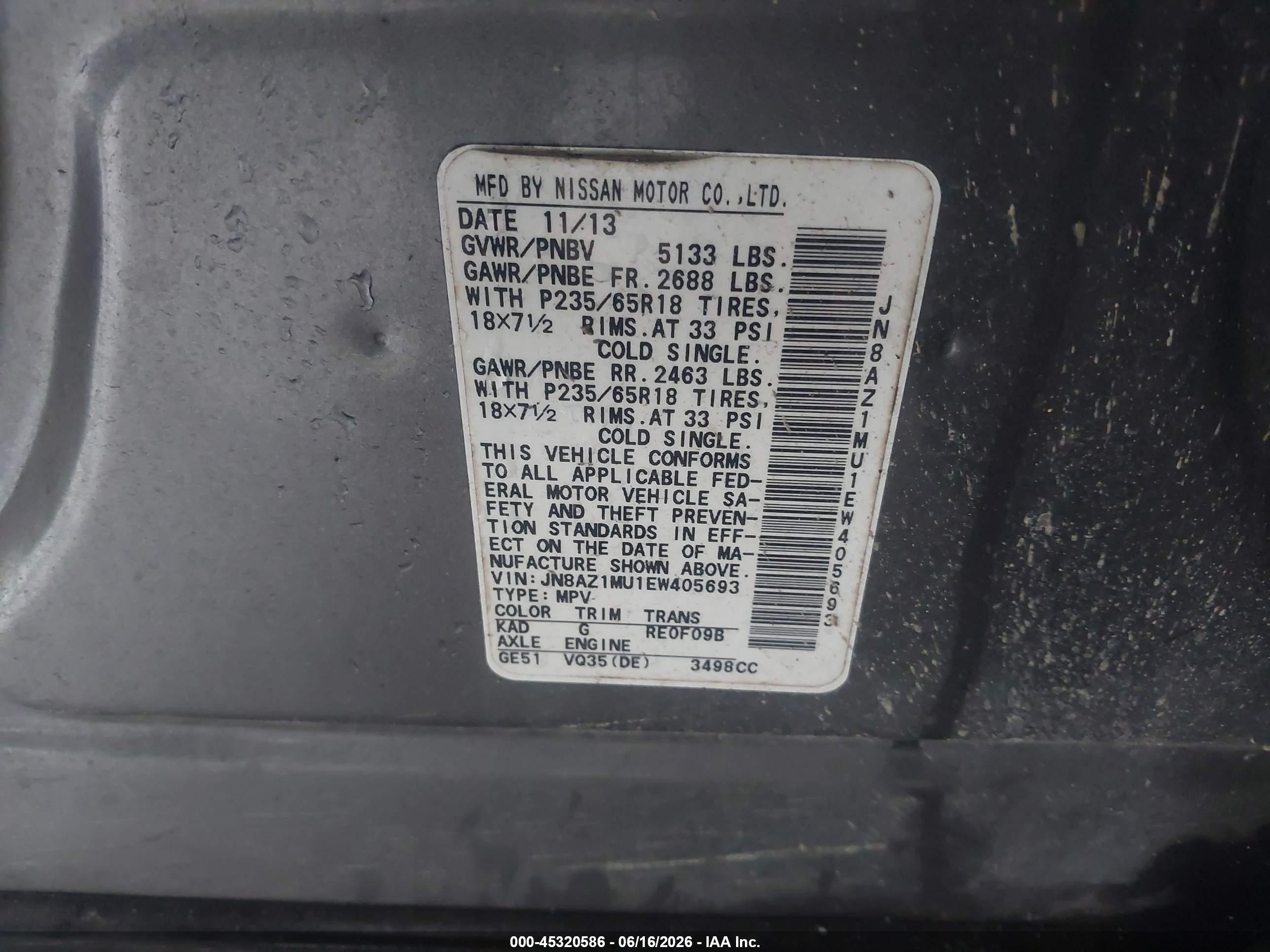2014 Nissan Murano Sv Gray vin: JN8AZ1MU1EW405693