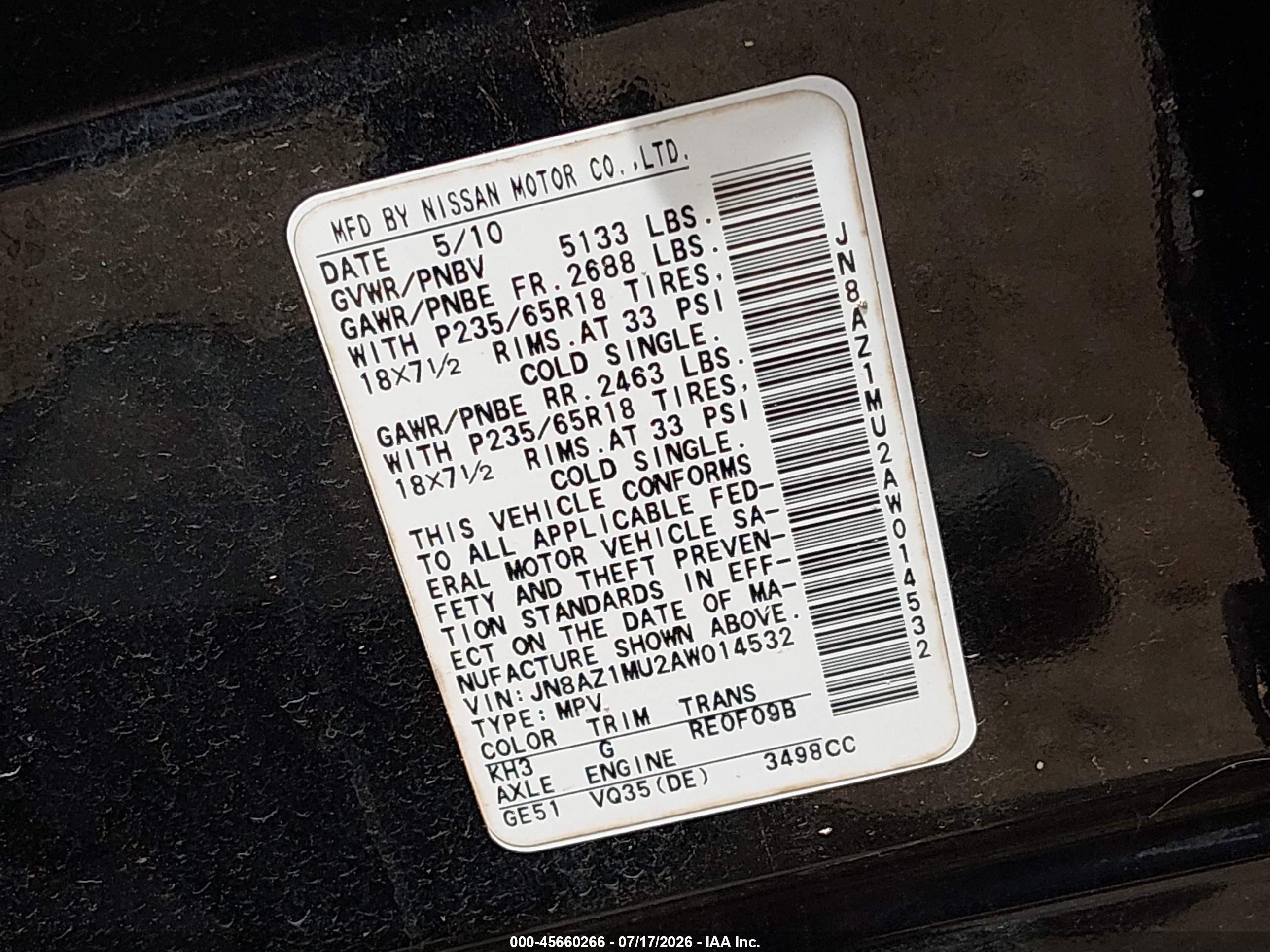 2010 Nissan Murano Sl Black vin: JN8AZ1MU2AW014532