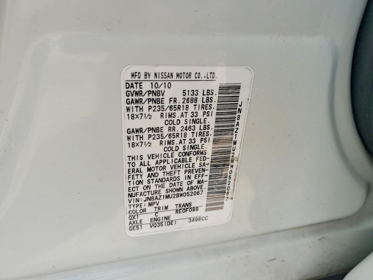 2011 Nissan Murano S Белый vin: JN8AZ1MU2BW052067