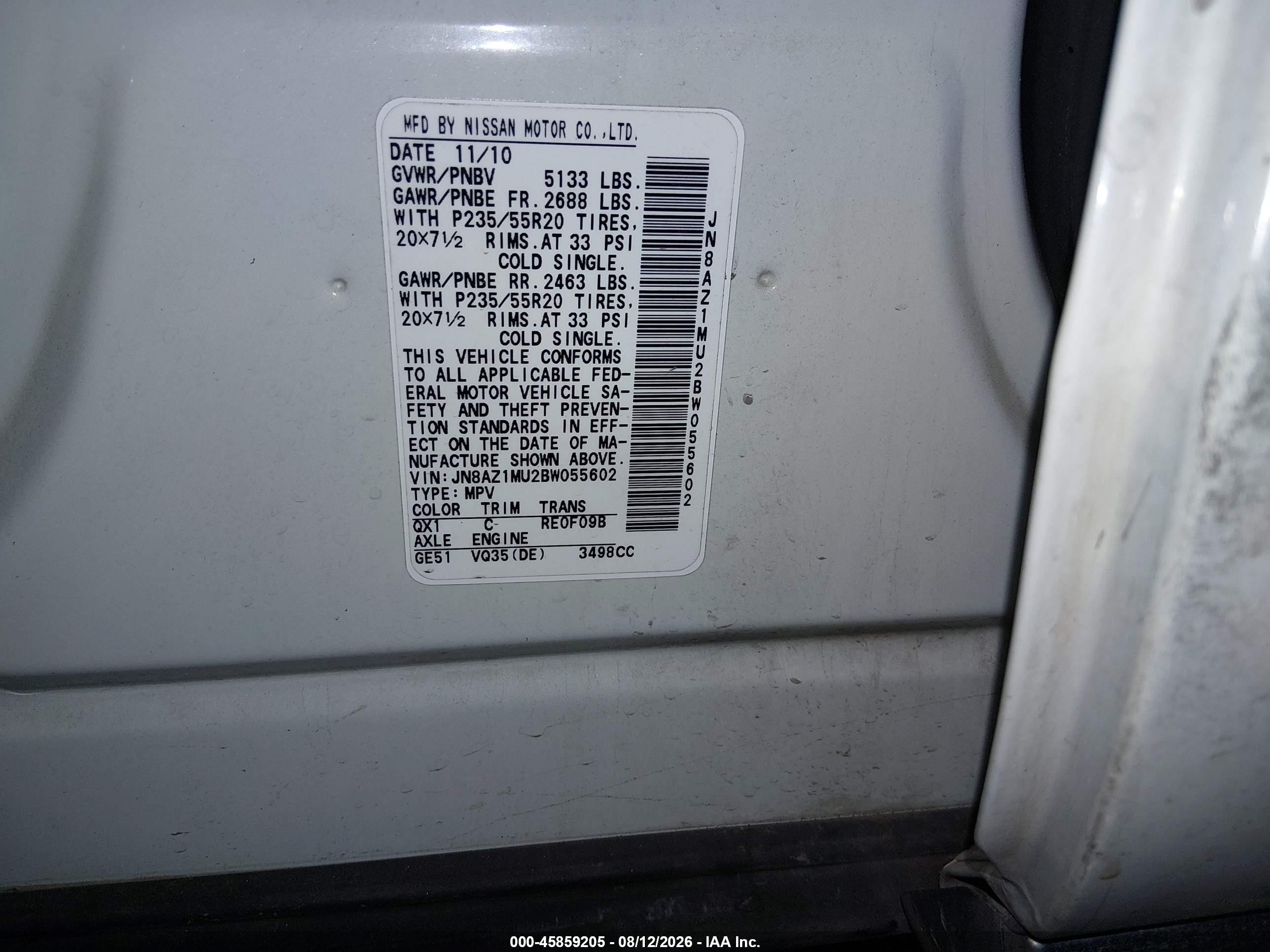 2011 Nissan Murano Le White vin: JN8AZ1MU2BW055602