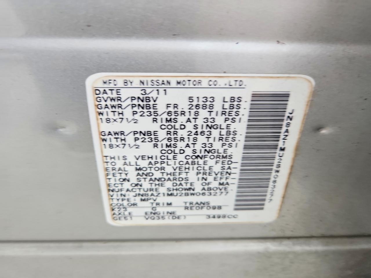 2011 Nissan Murano S Silver vin: JN8AZ1MU2BW063277