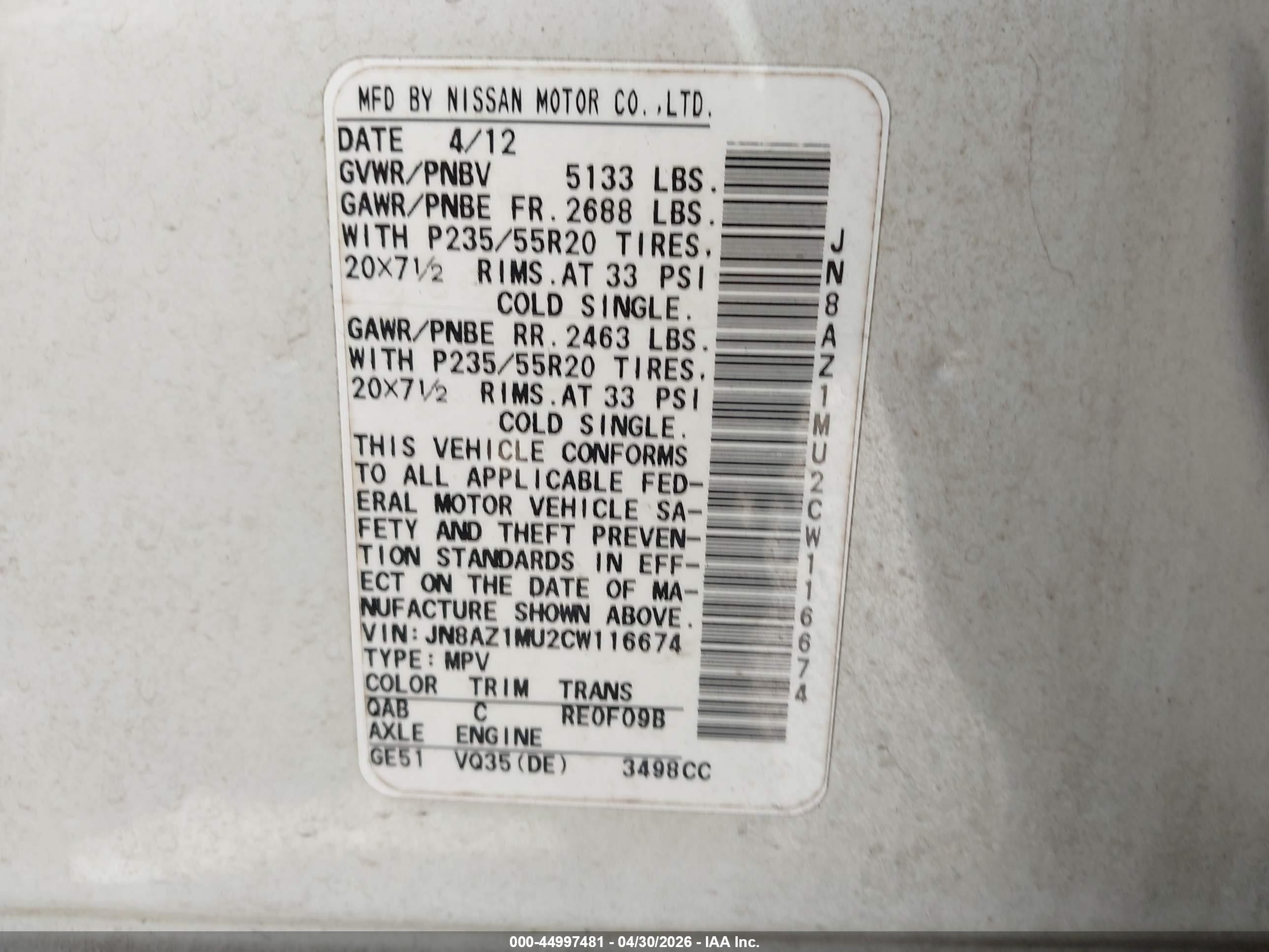 2012 Nissan Murano Le White vin: JN8AZ1MU2CW116674