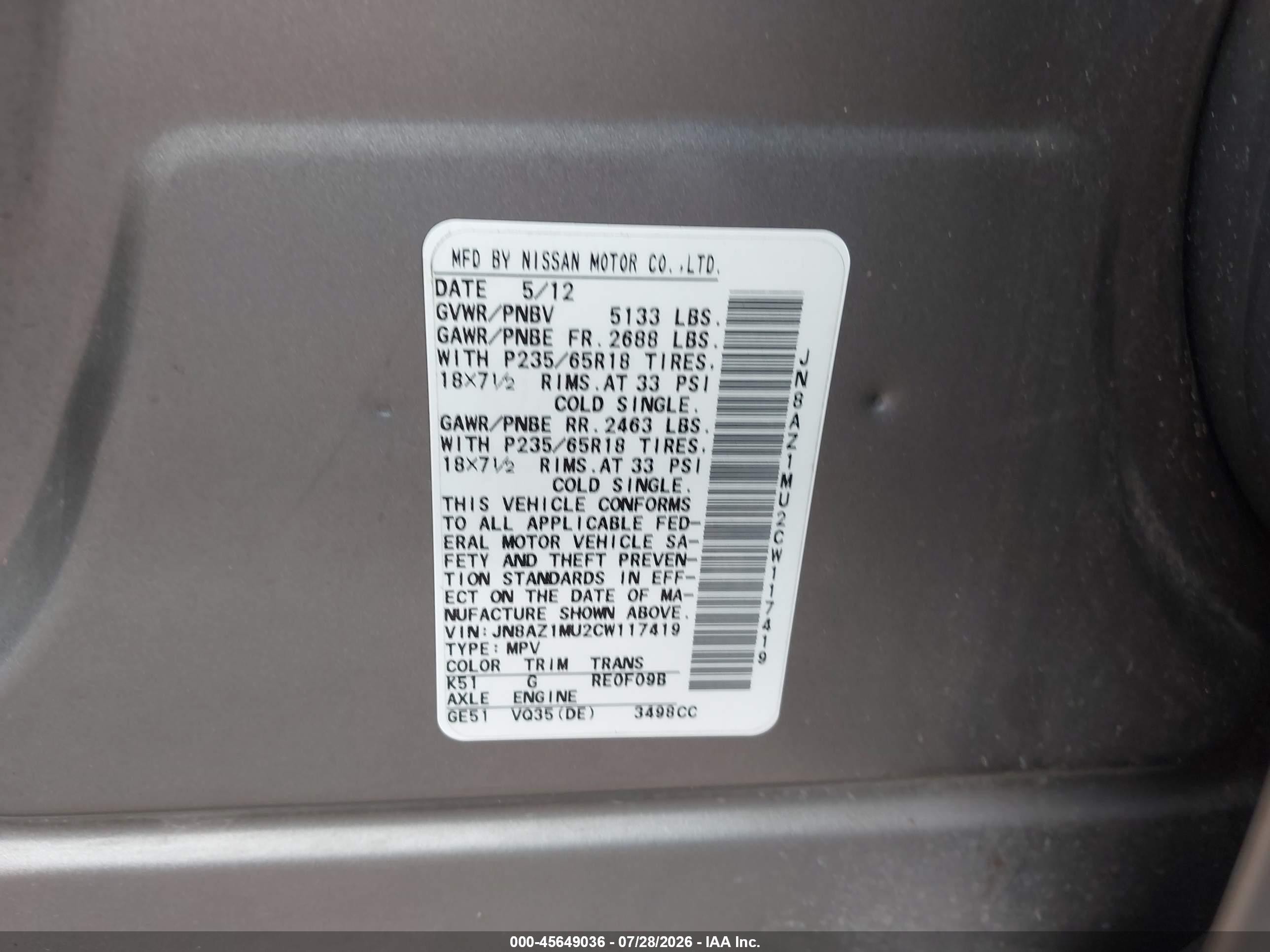 2012 Nissan Murano S Silver vin: JN8AZ1MU2CW117419