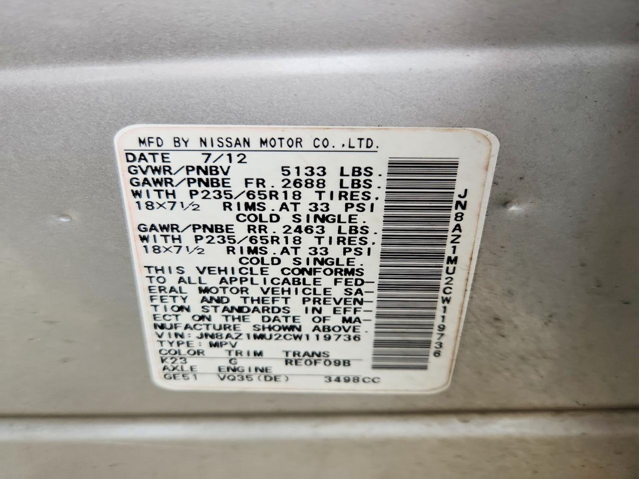 2012 Nissan Murano S Silver vin: JN8AZ1MU2CW119736