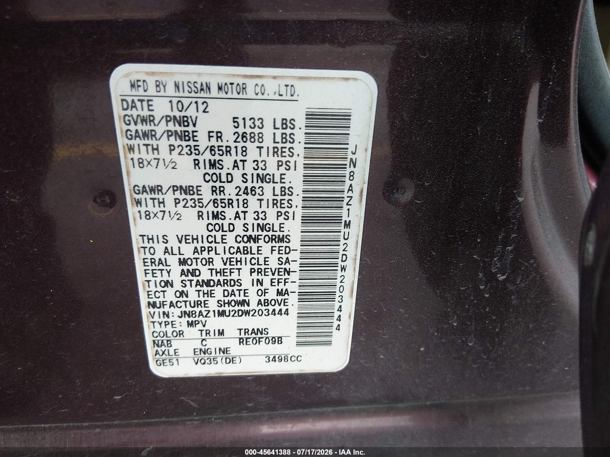 2013 Nissan Murano Sl Burgundy vin: JN8AZ1MU2DW203444