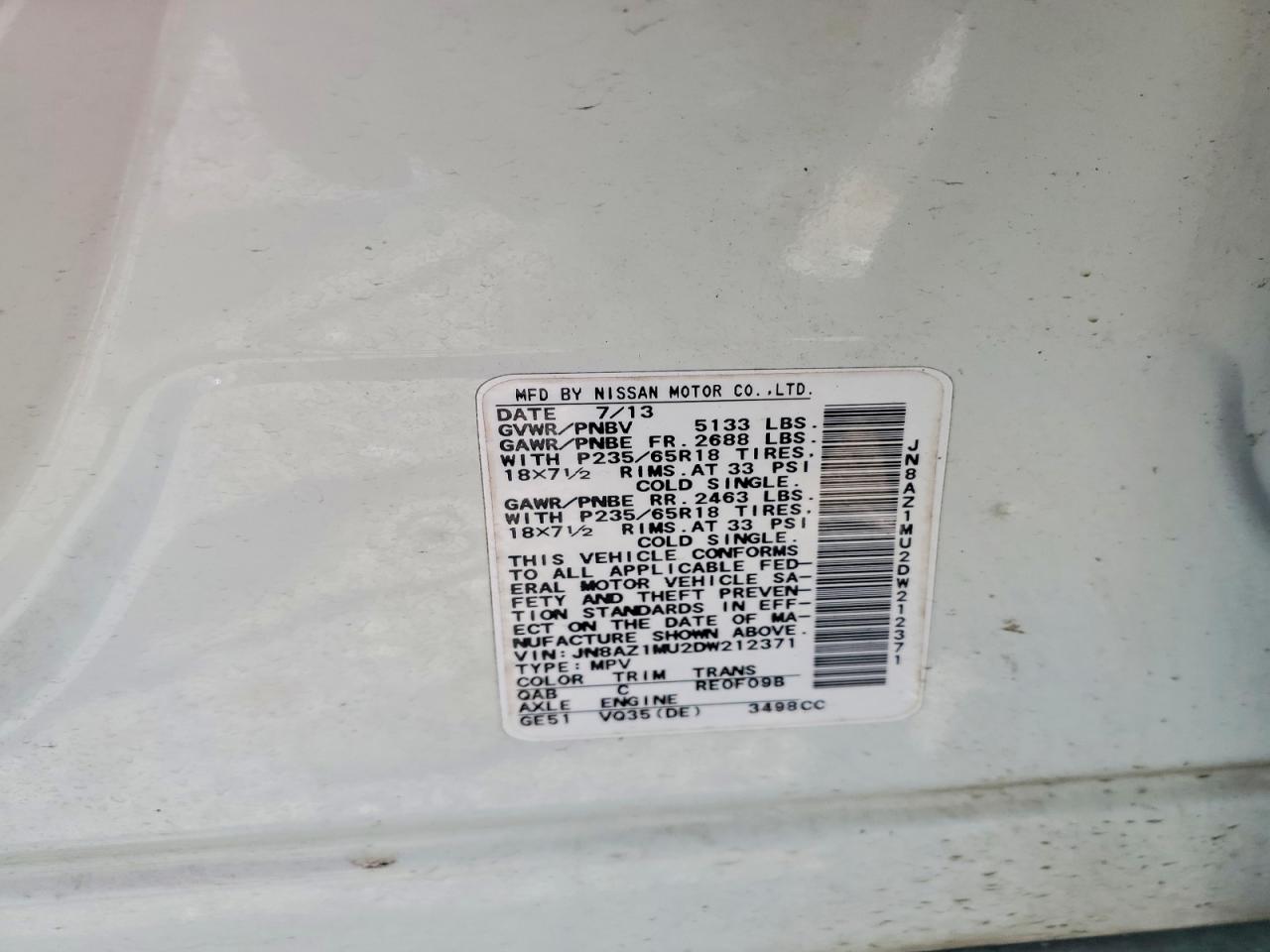 2013 Nissan Murano S White vin: JN8AZ1MU2DW212371