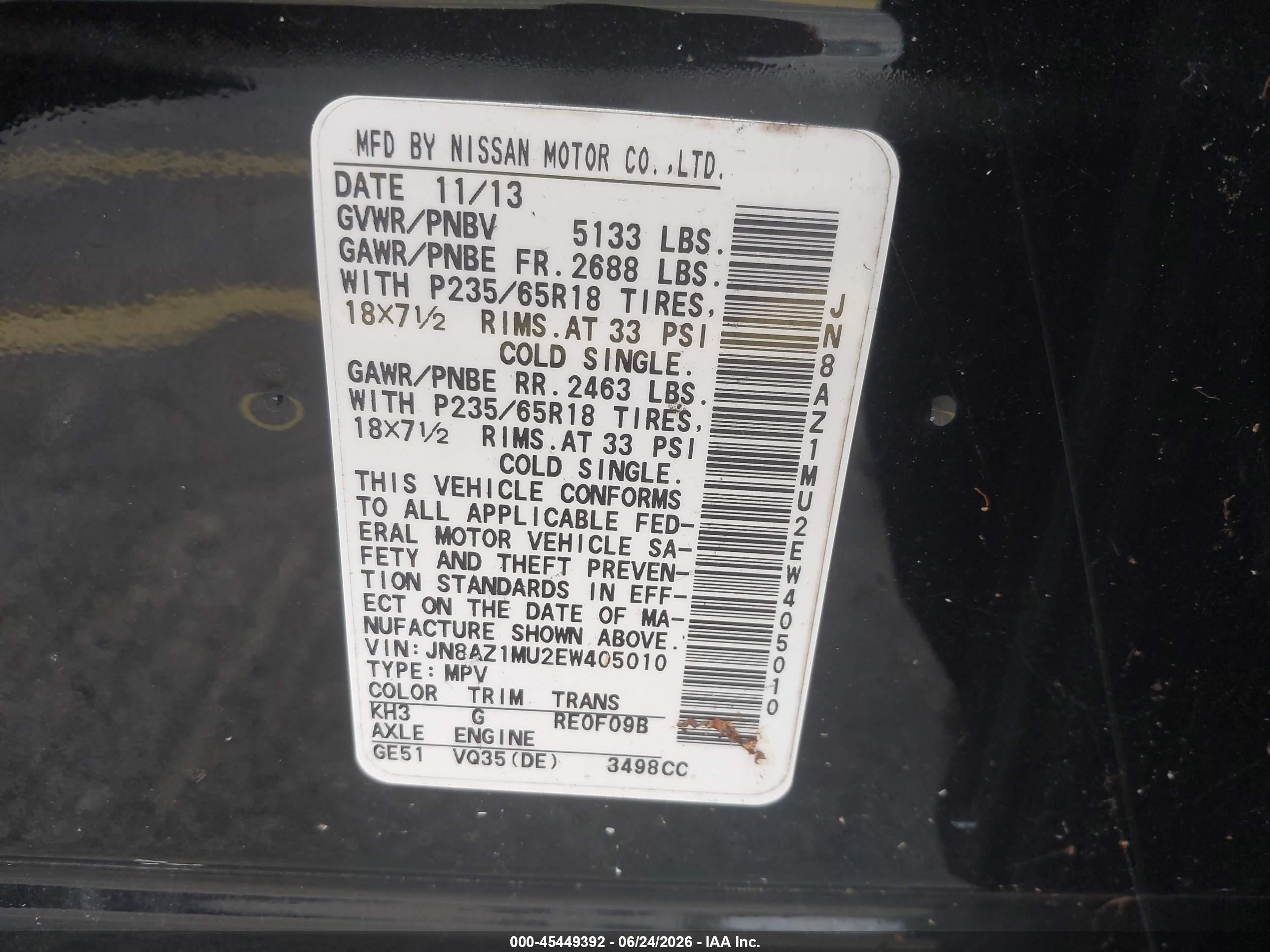 2014 Nissan Murano Sl Черный vin: JN8AZ1MU2EW405010