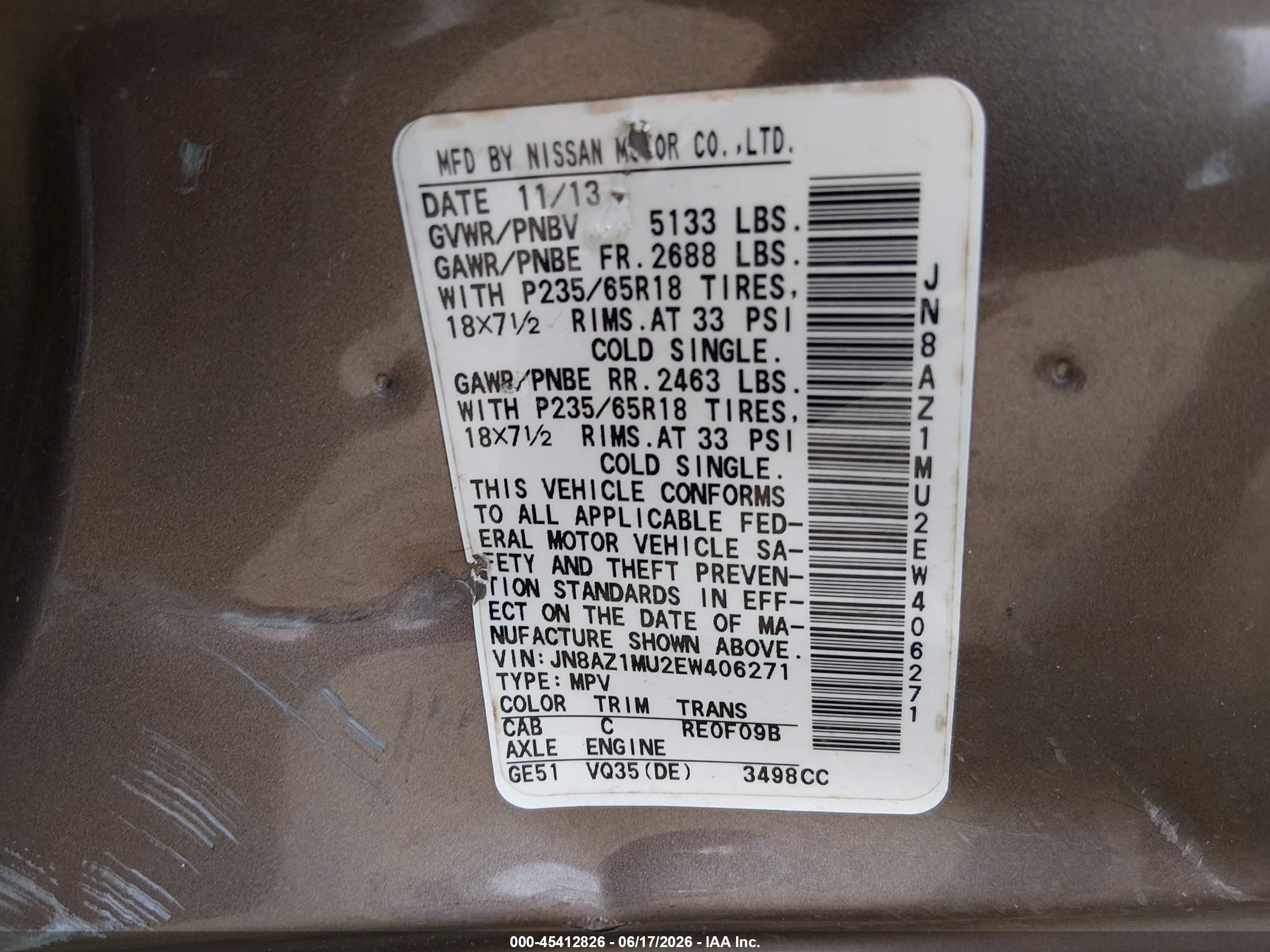 2014 Nissan Murano S Brown vin: JN8AZ1MU2EW406271
