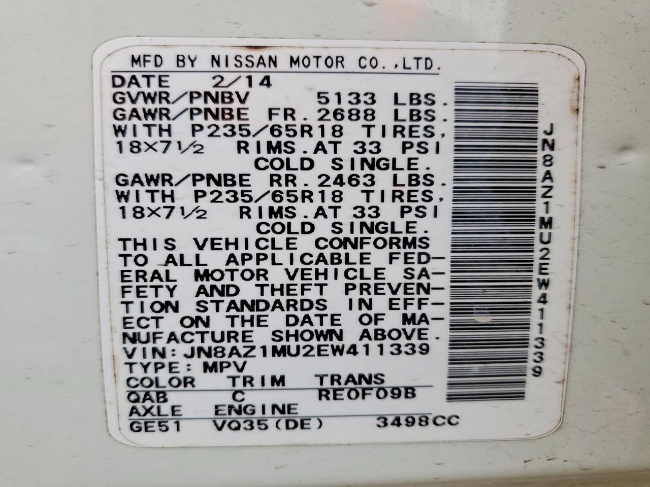 2014 Nissan Murano Sl Белый vin: JN8AZ1MU2EW411339