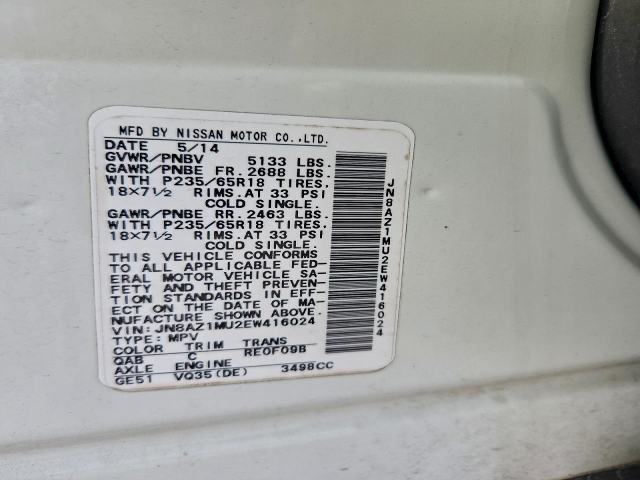 2014 Nissan Murano S White vin: JN8AZ1MU2EW416024