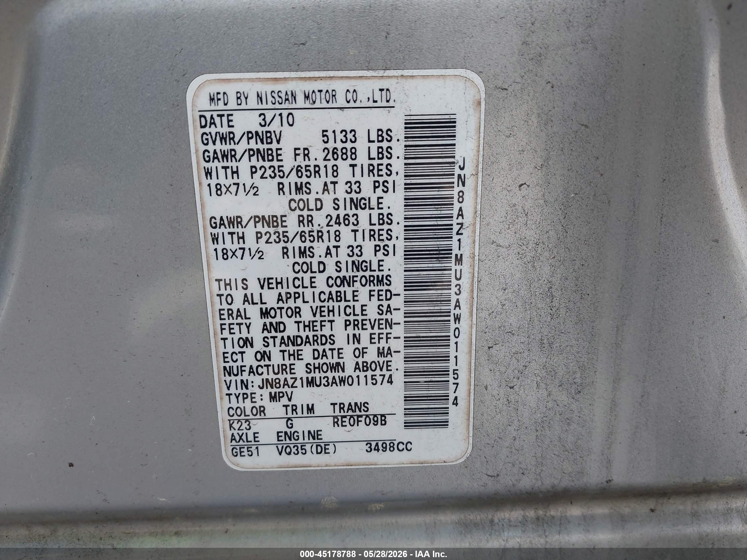 2010 Nissan Murano Sl Silver vin: JN8AZ1MU3AW011574