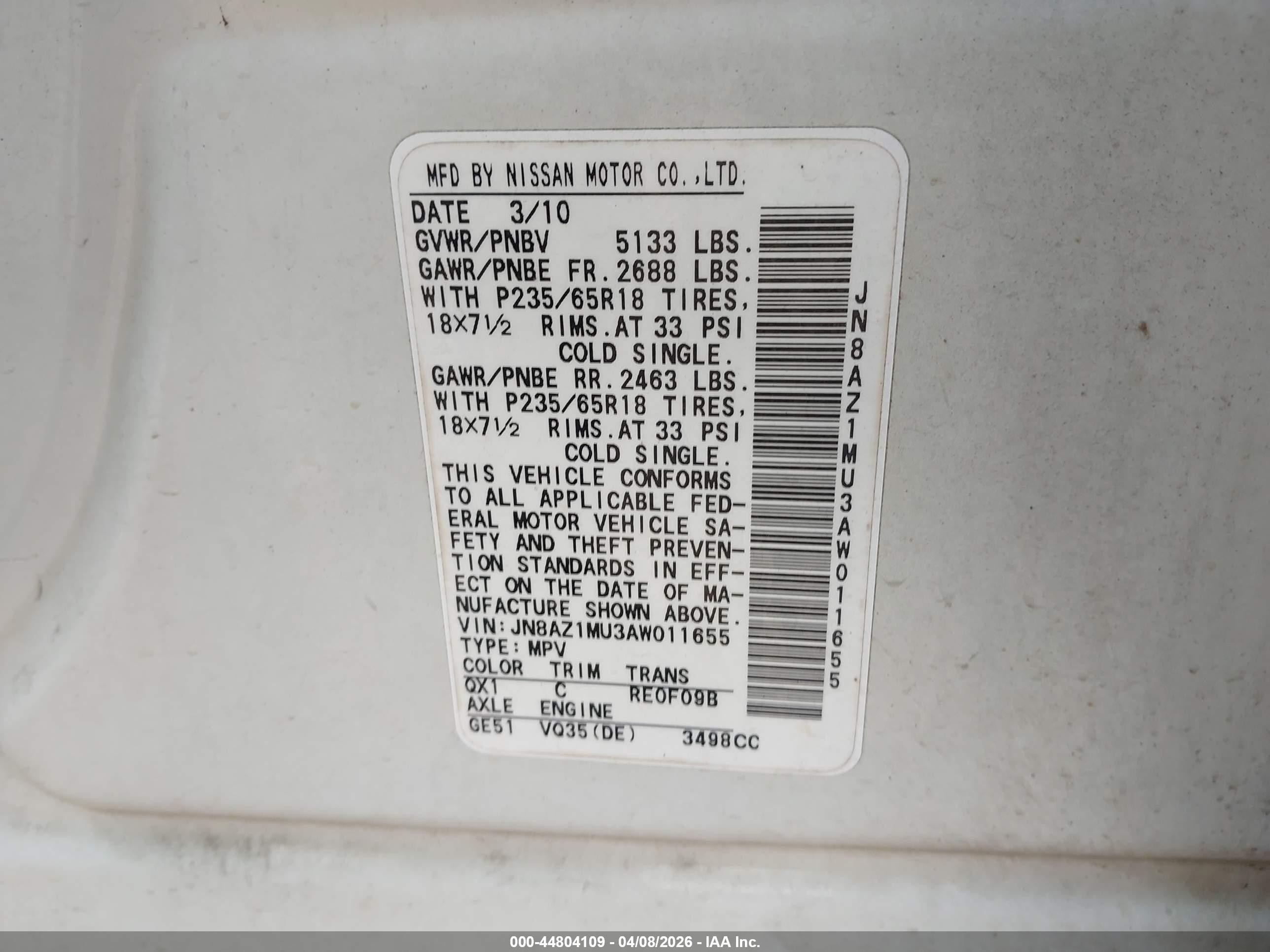 2010 Nissan Murano Sl White vin: JN8AZ1MU3AW011655