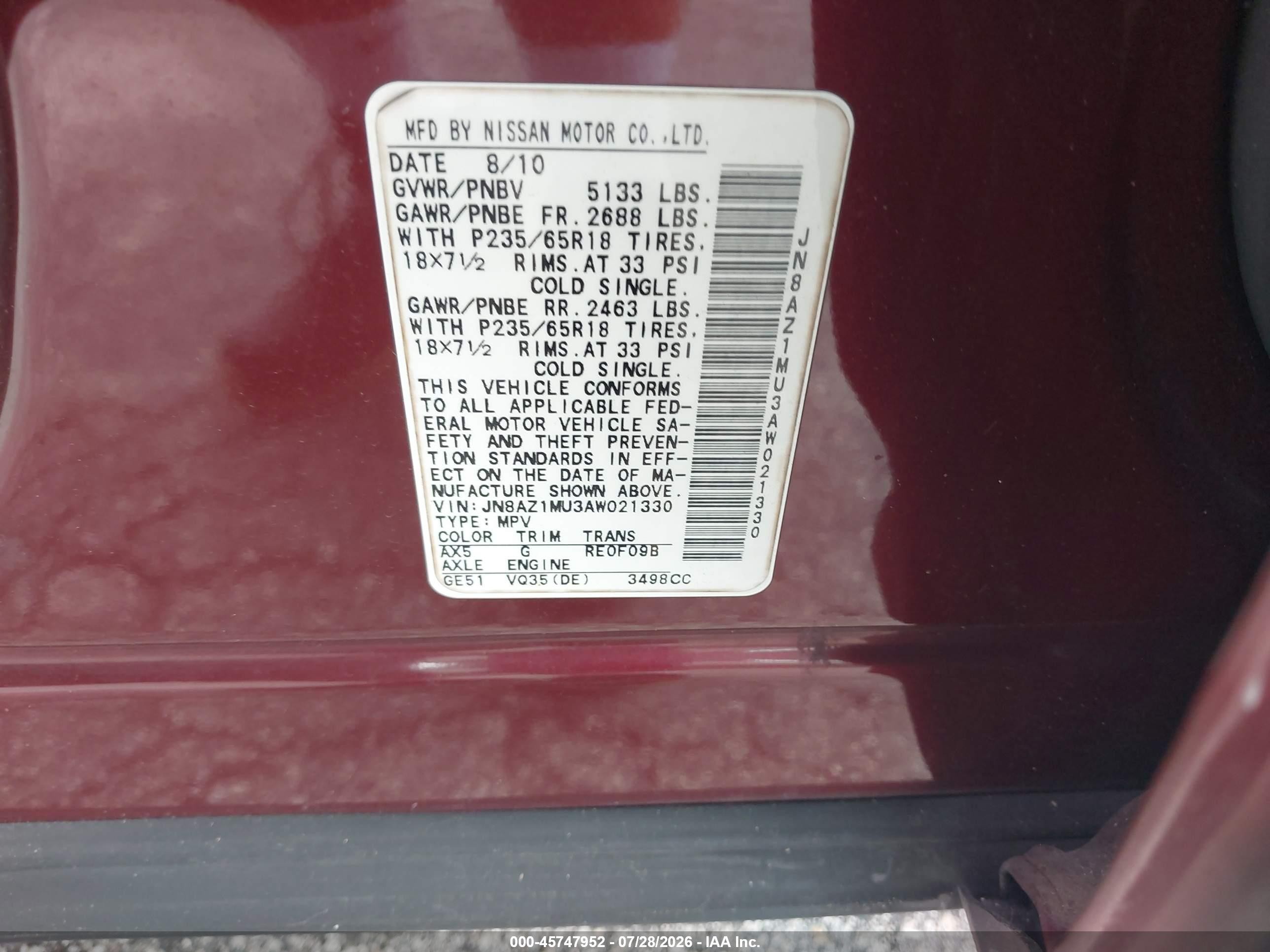 2010 Nissan Murano Sl Бордовый vin: JN8AZ1MU3AW021330