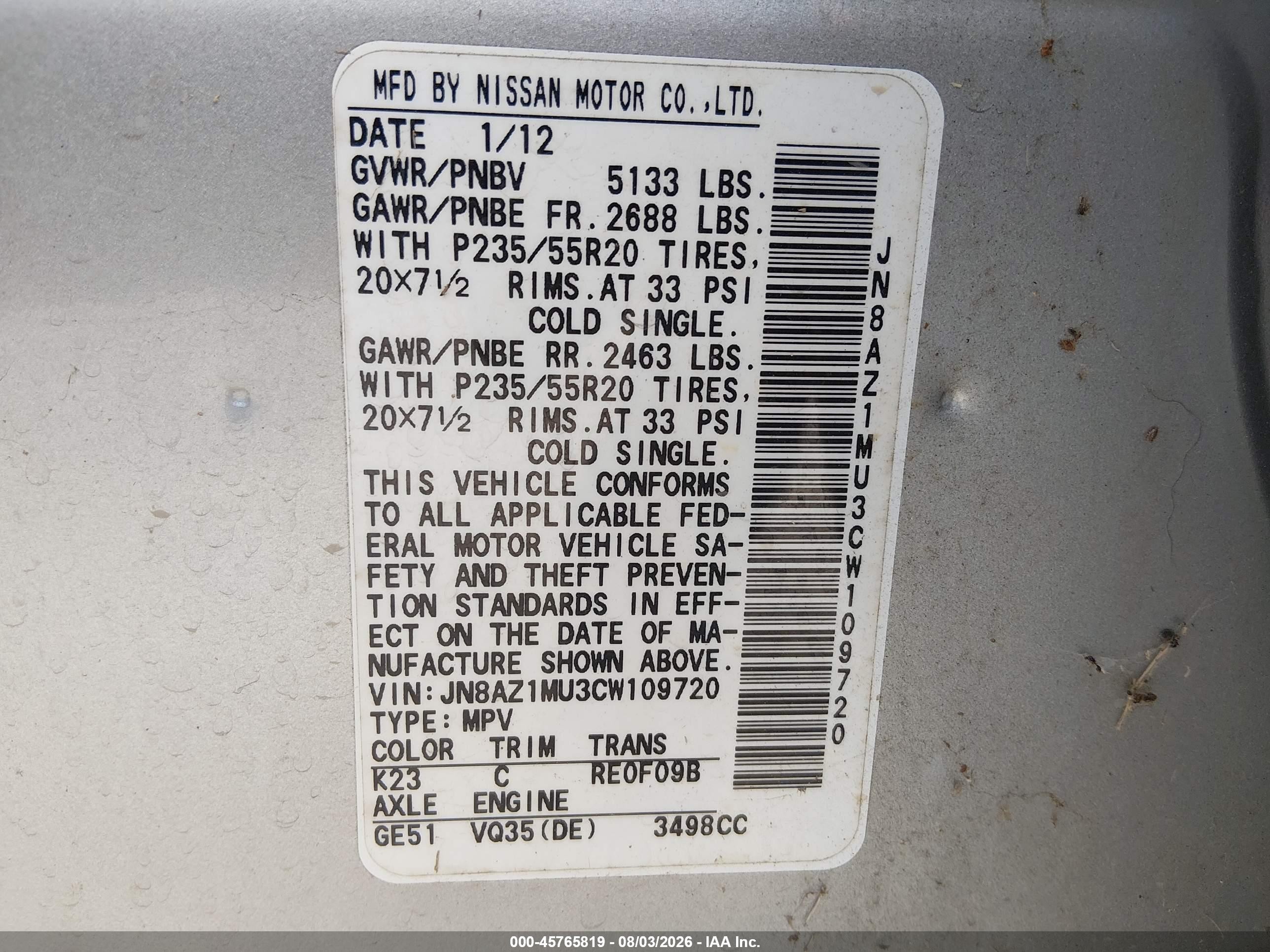 2012 Nissan Murano Le Silver vin: JN8AZ1MU3CW109720