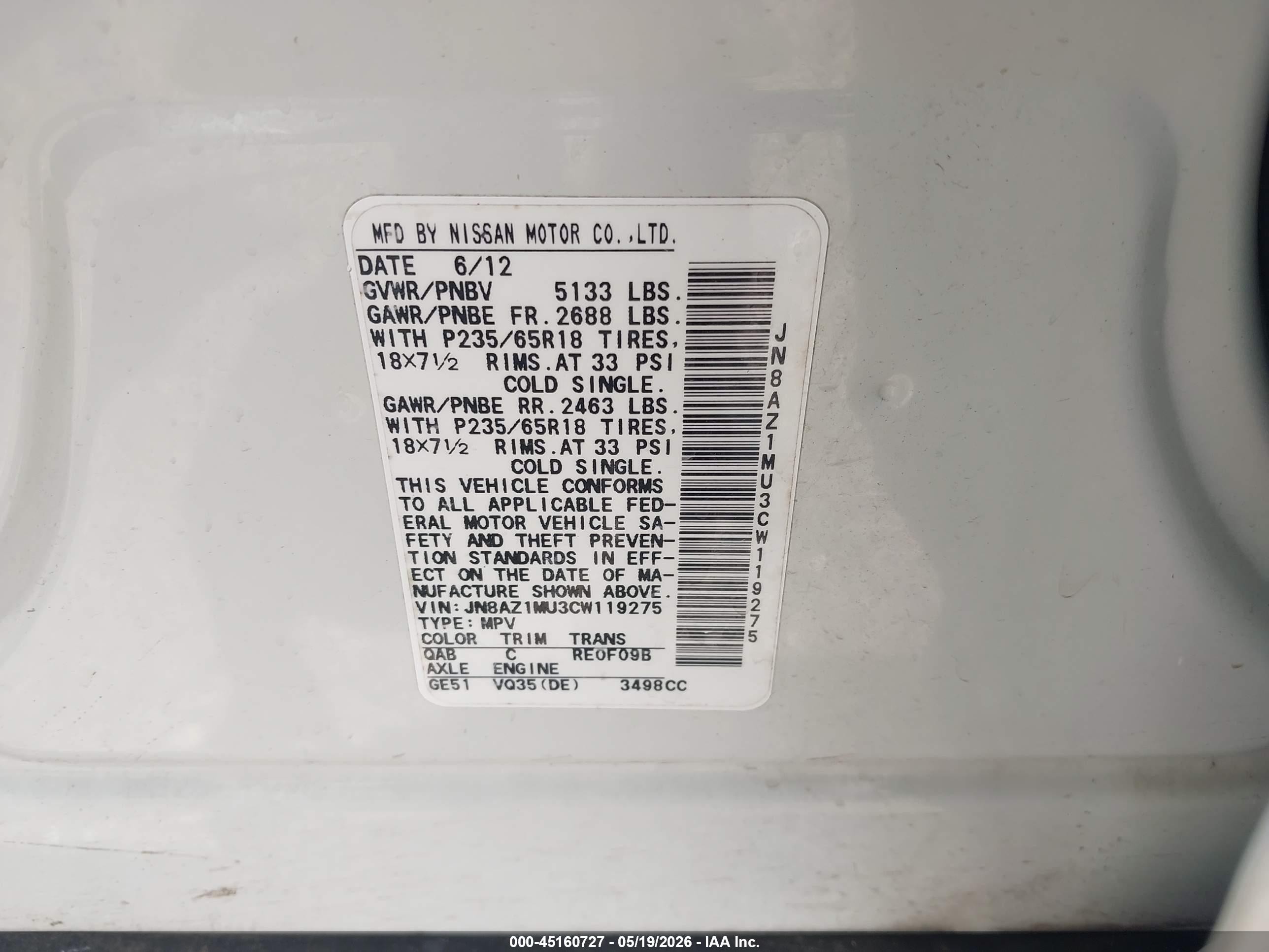 2012 Nissan Murano Sl Белый vin: JN8AZ1MU3CW119275