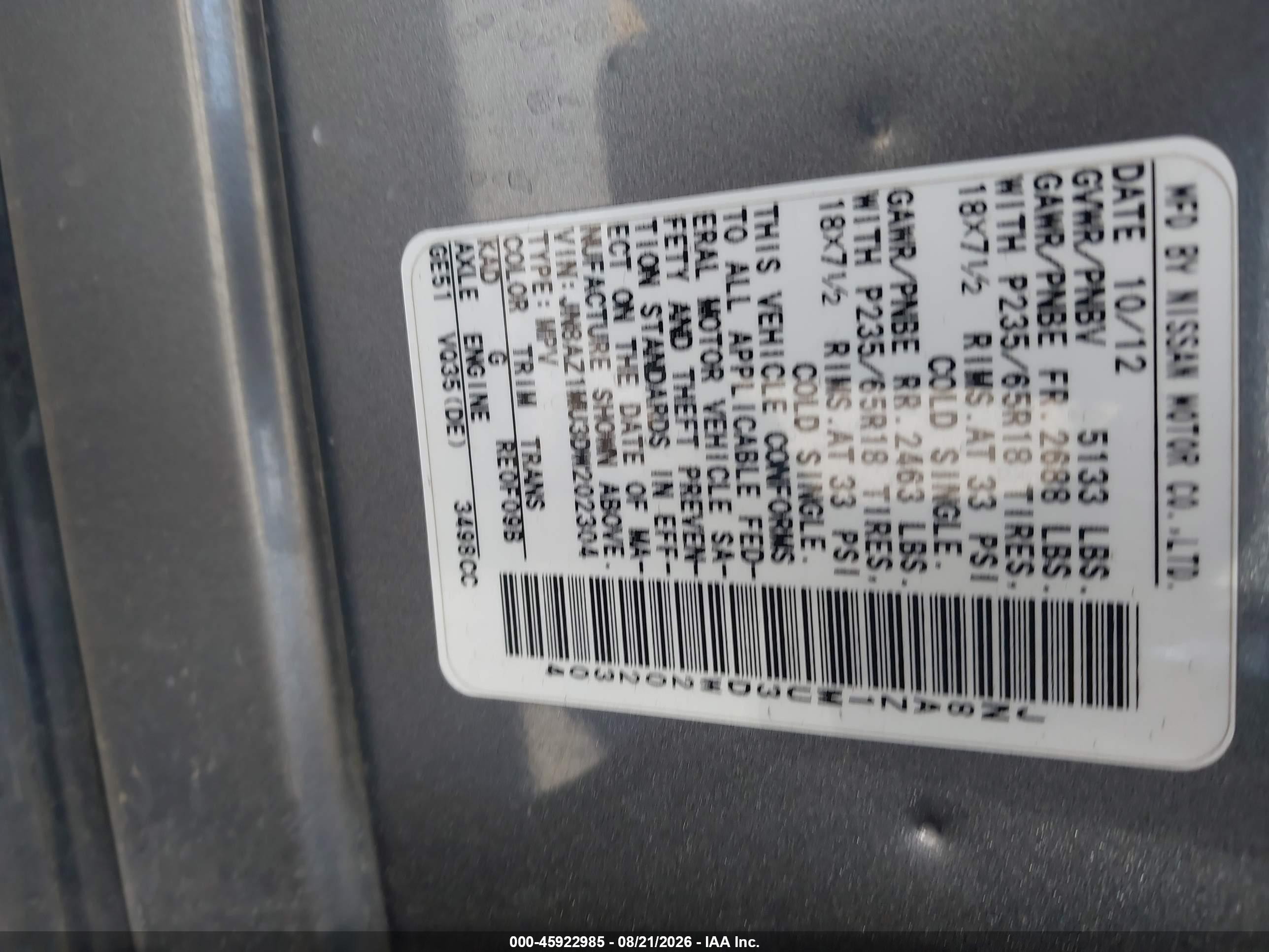 2013 Nissan Murano Sv Gray vin: JN8AZ1MU3DW202304