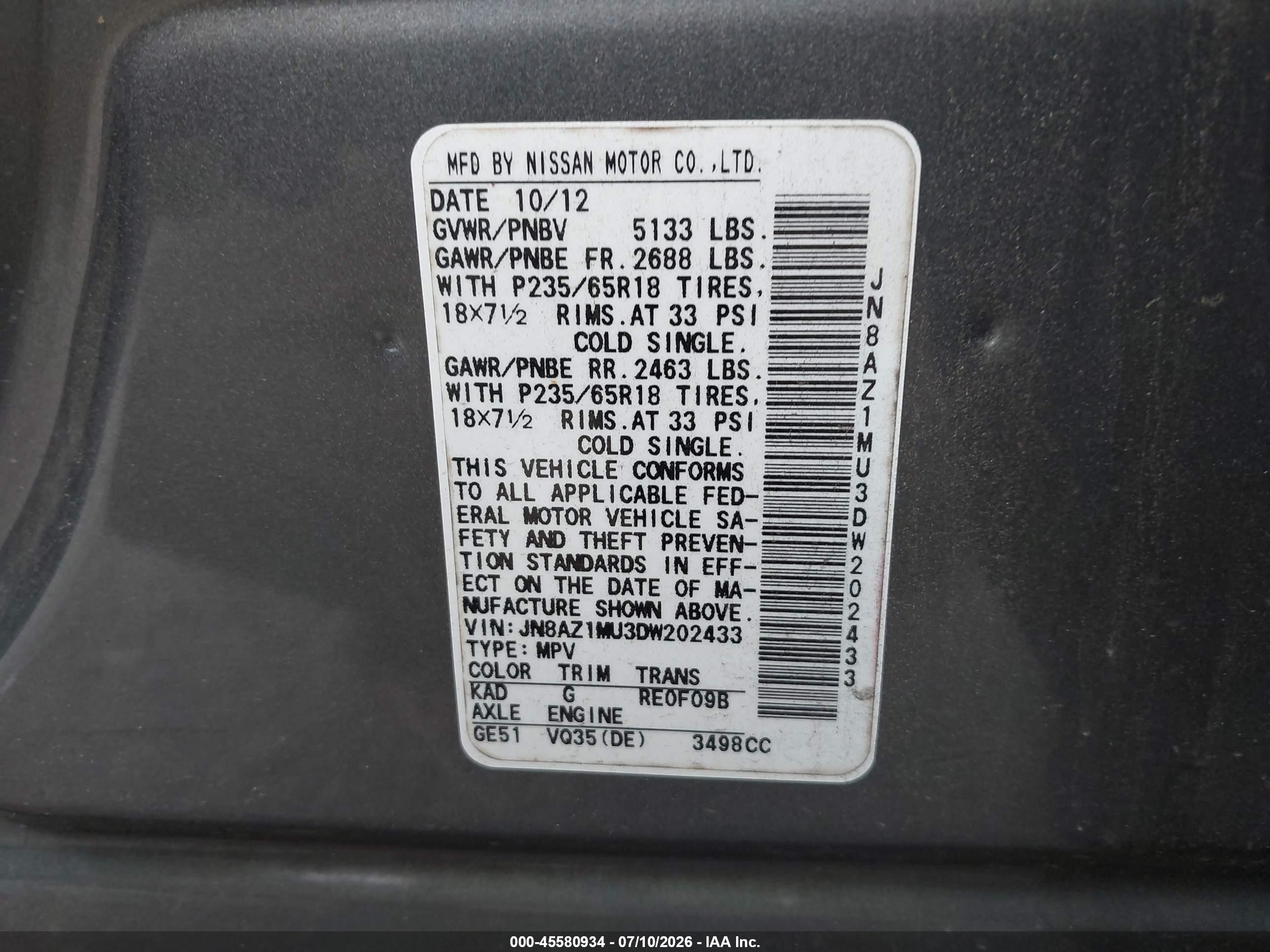 2013 Nissan Murano Sl Gray vin: JN8AZ1MU3DW202433
