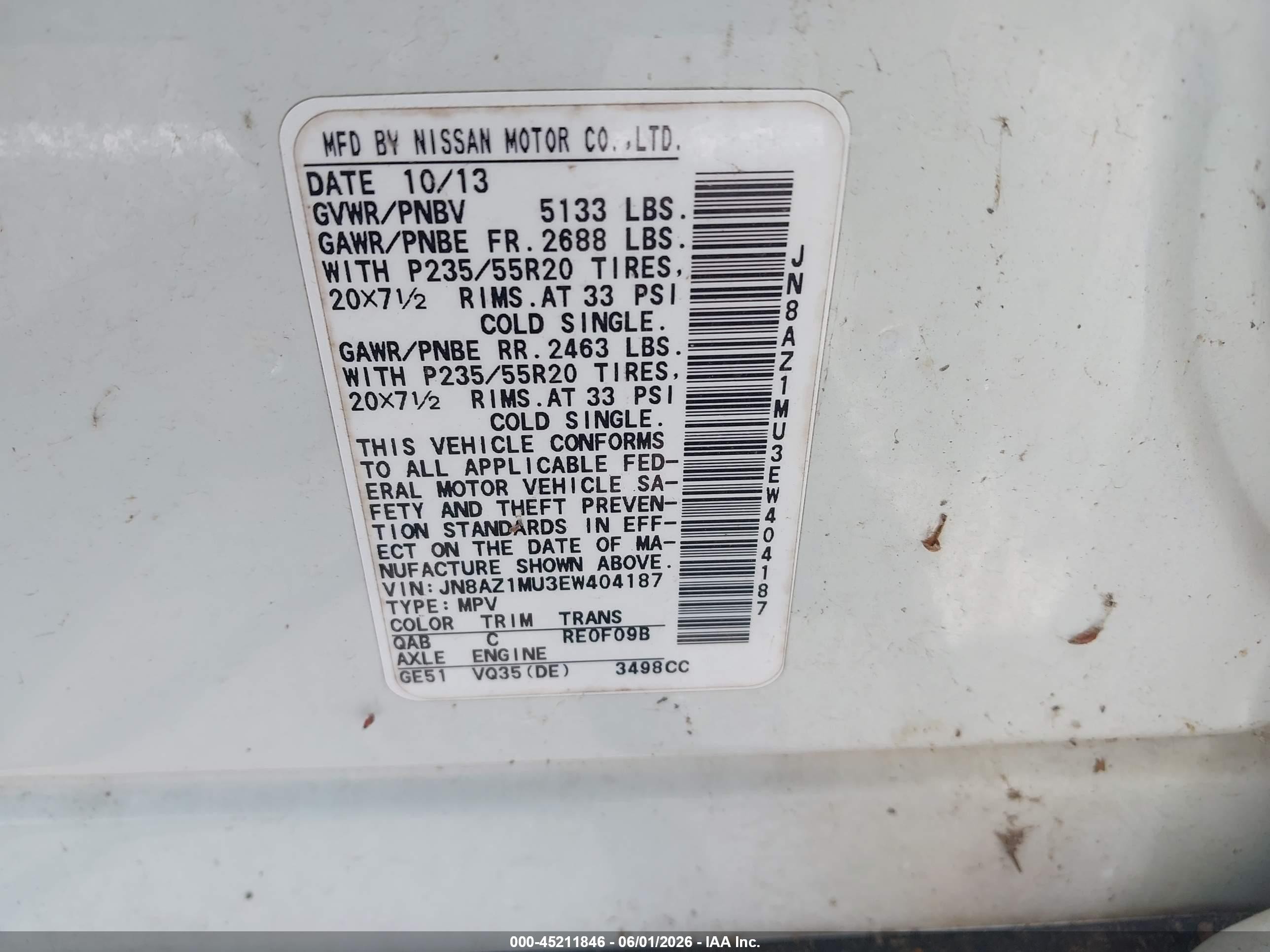 2014 Nissan Murano Le White vin: JN8AZ1MU3EW404187