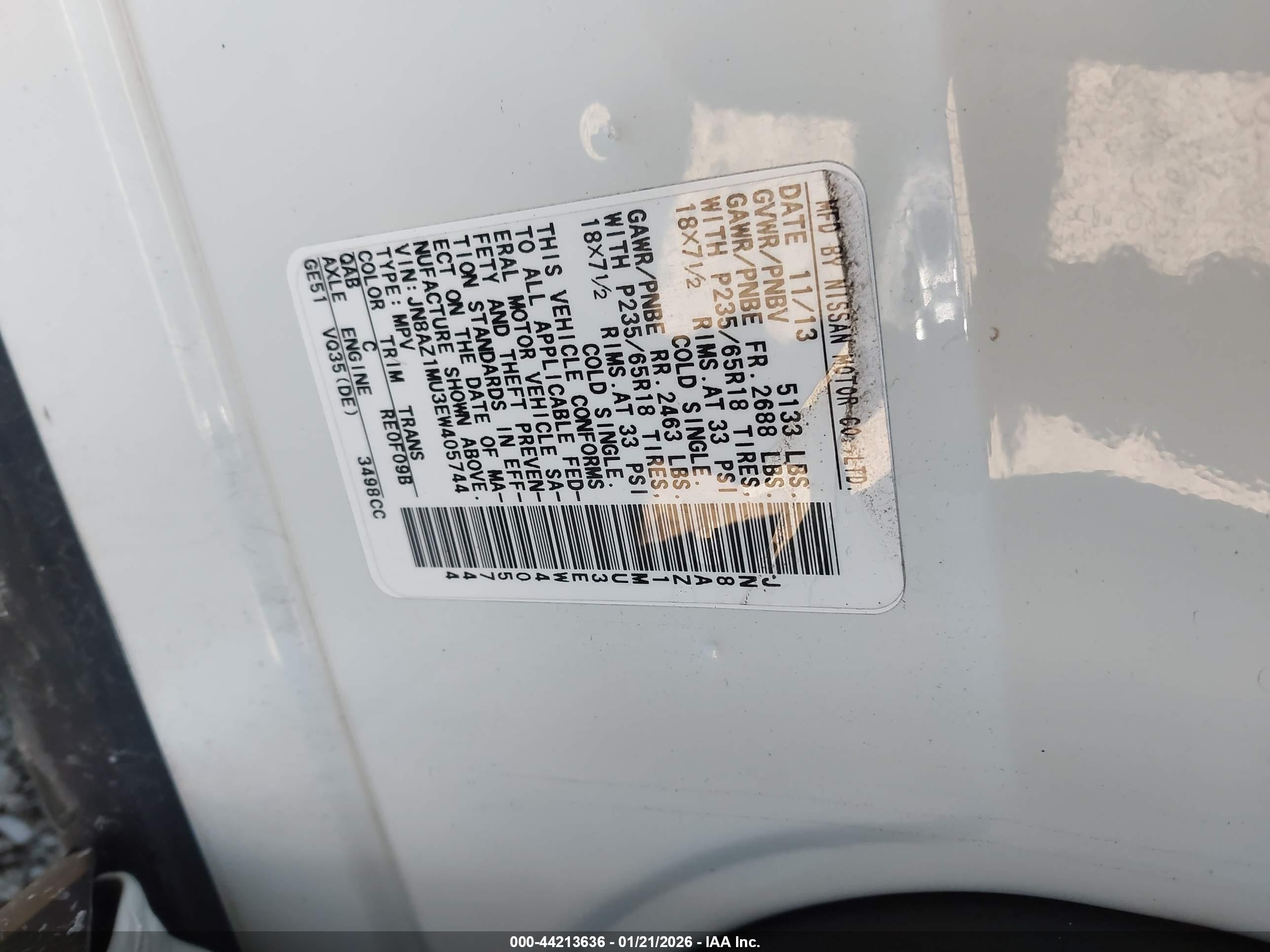 2014 Nissan Murano Sl White vin: JN8AZ1MU3EW405744