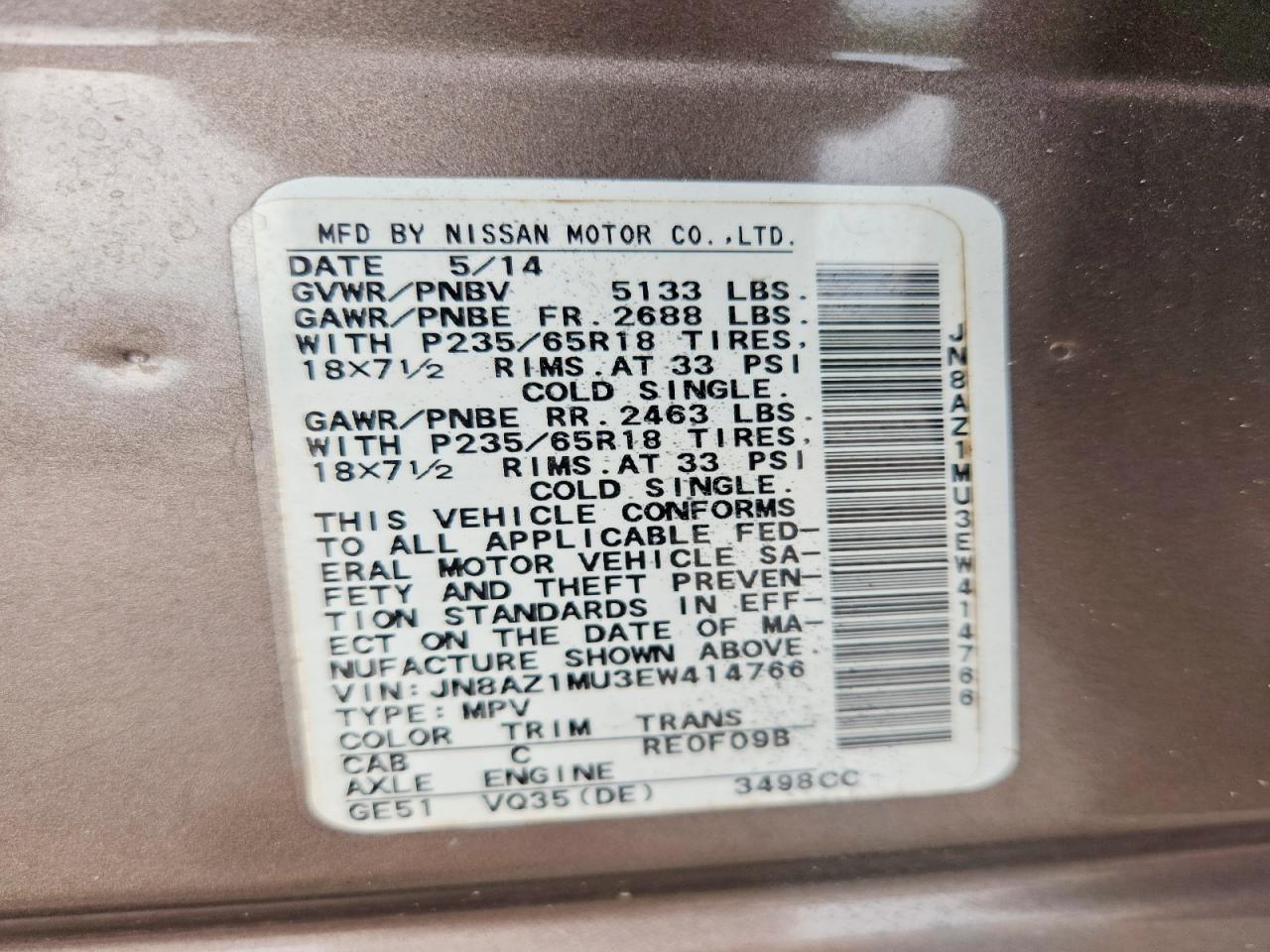 2014 Nissan Murano Sv Brown vin: JN8AZ1MU3EW414766