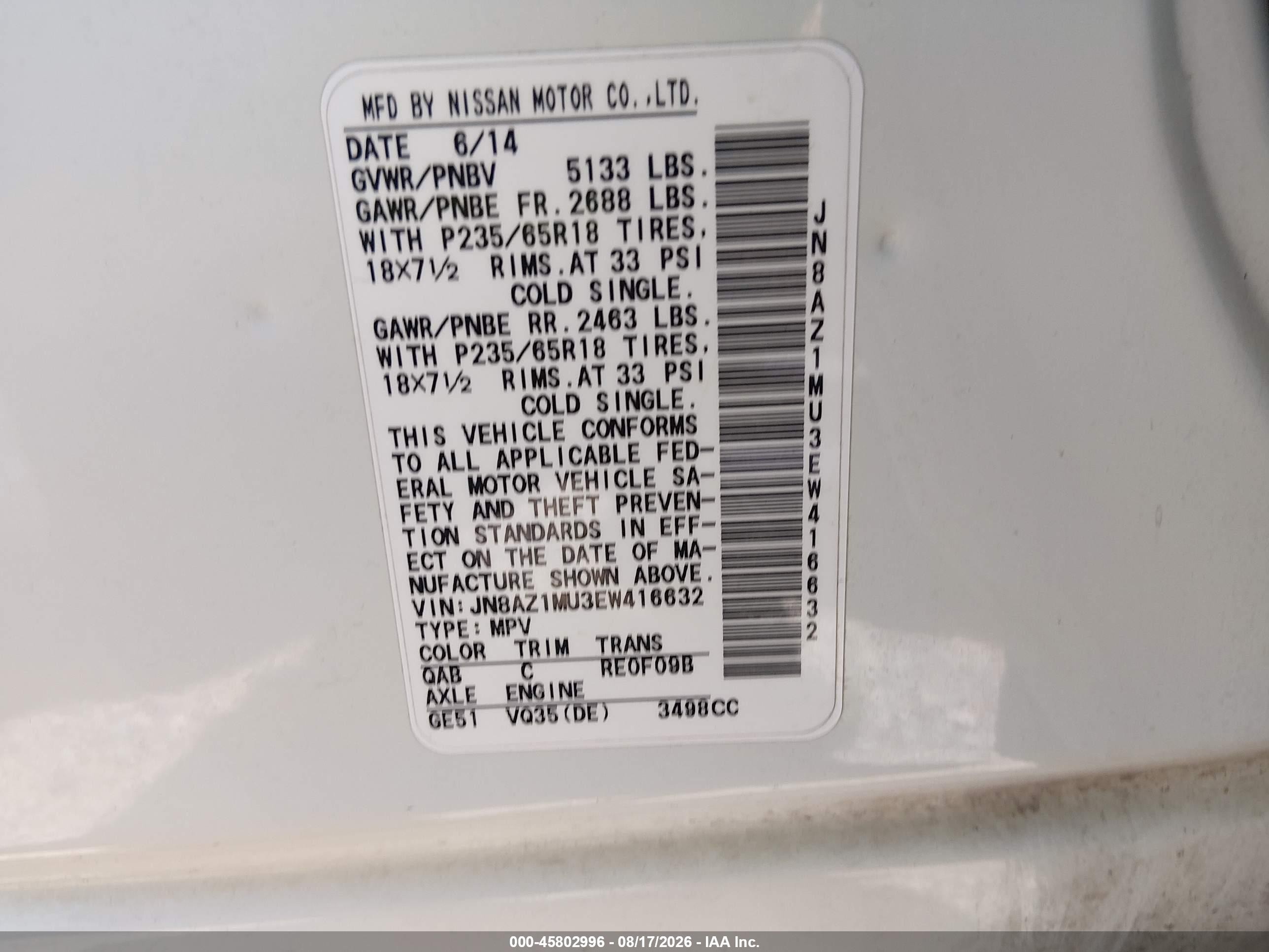 2014 Nissan Murano Sl White vin: JN8AZ1MU3EW416632
