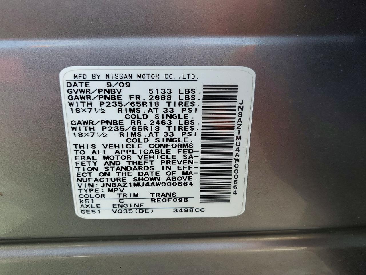 2010 Nissan Murano S/sl/le Teal vin: JN8AZ1MU4AW000664