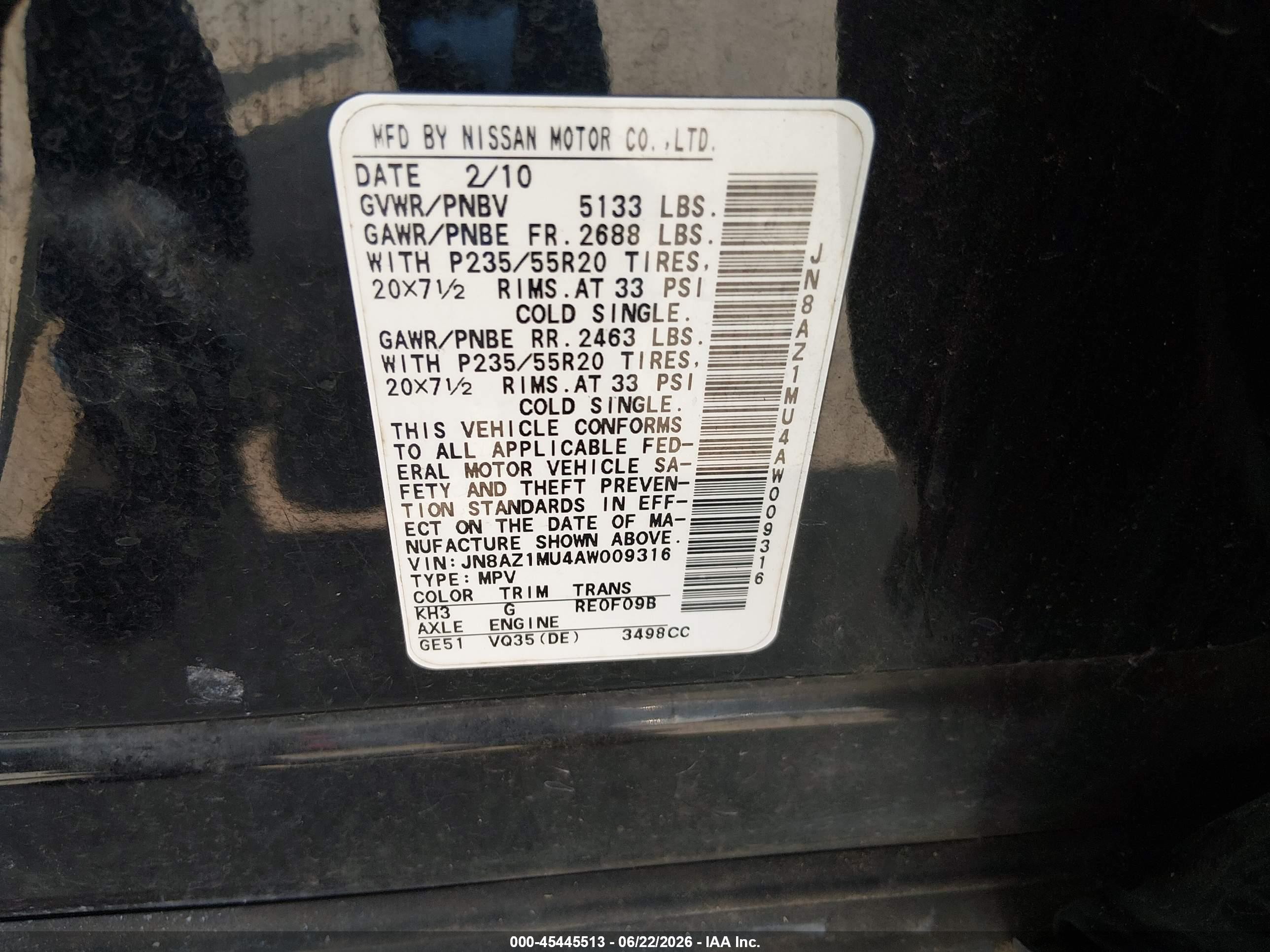 2010 Nissan Murano Le Black vin: JN8AZ1MU4AW009316