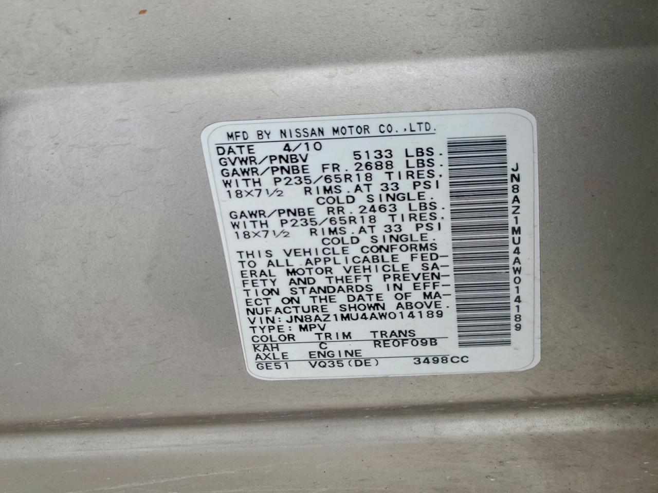 2010 Nissan Murano S Tan vin: JN8AZ1MU4AW014189