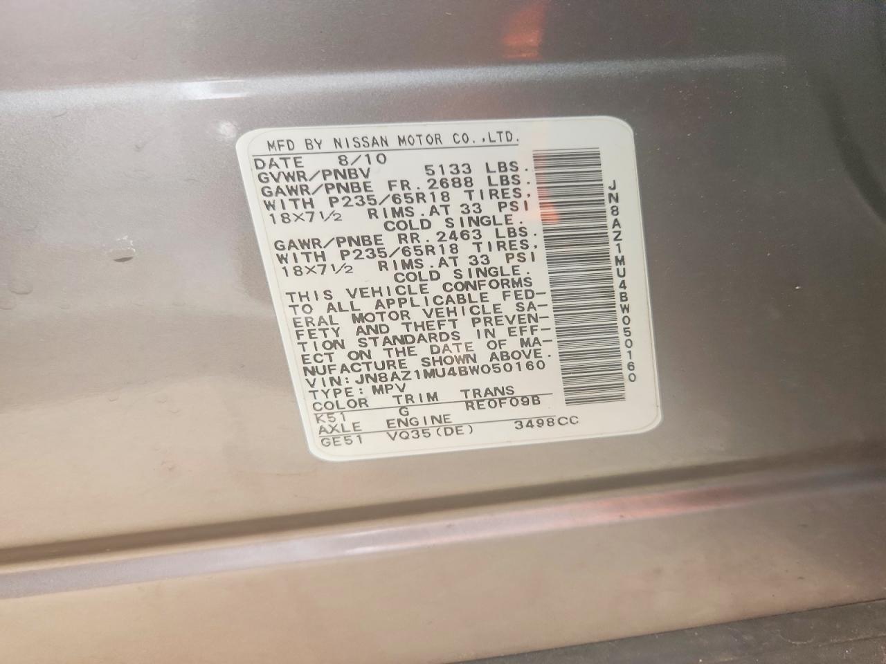 2011 Nissan Murano S Gray vin: JN8AZ1MU4BW050160