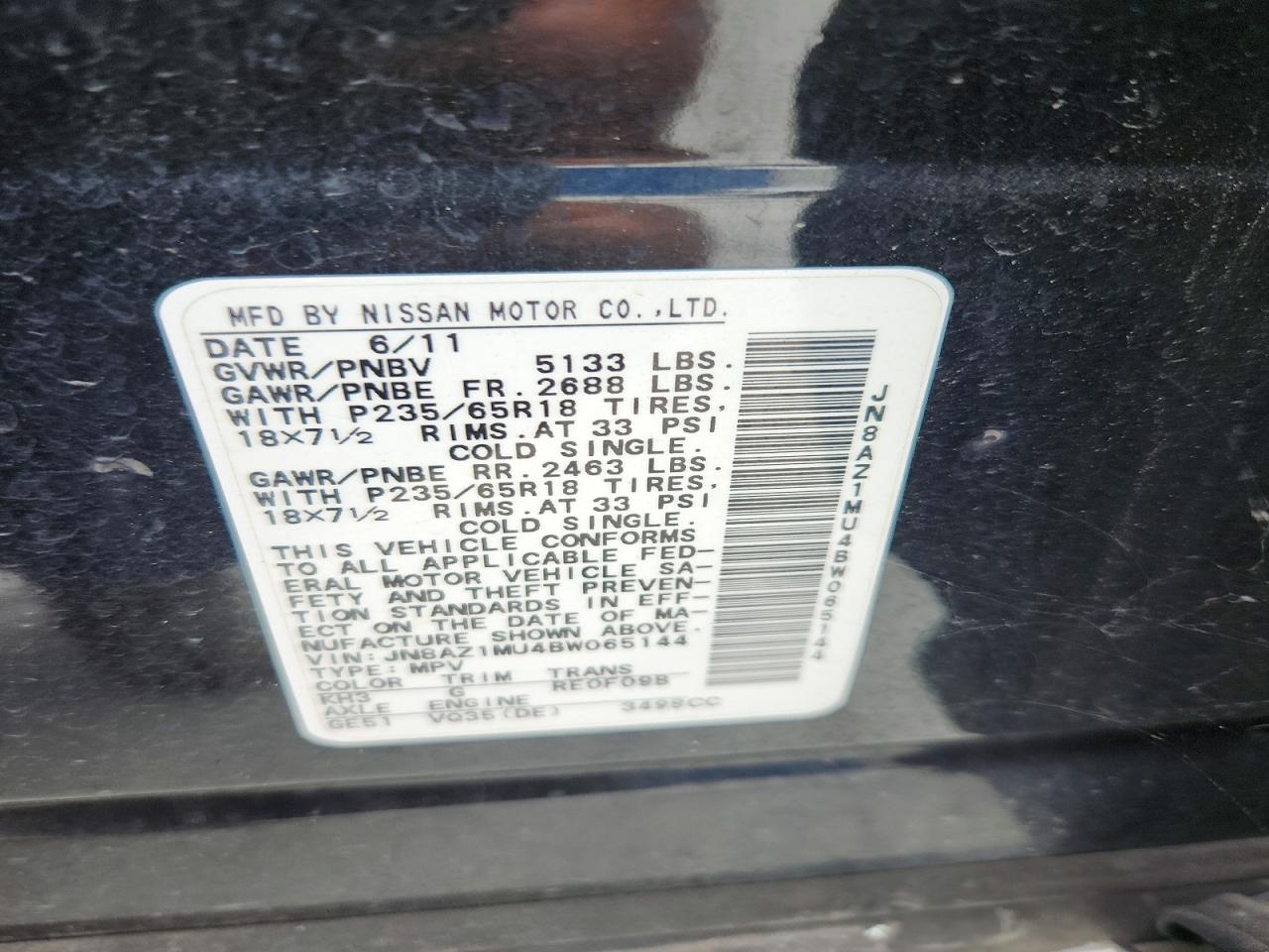 2011 Nissan Murano S Black vin: JN8AZ1MU4BW065144