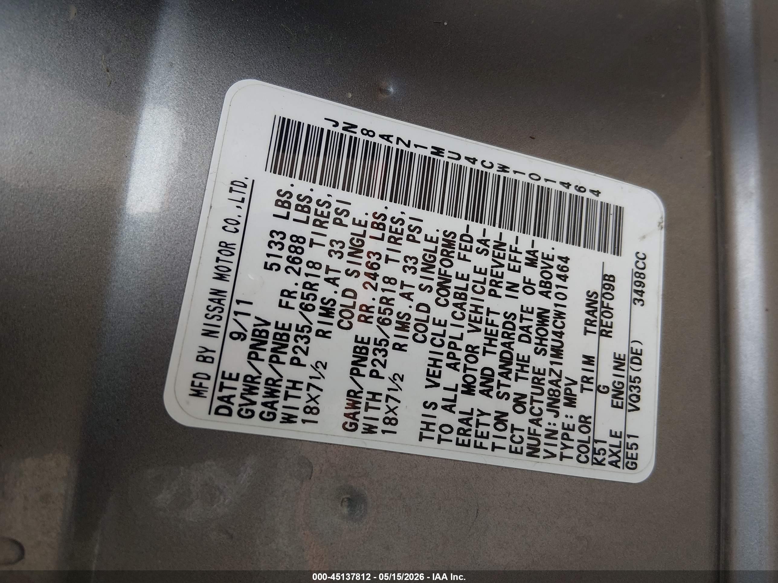 2012 Nissan Murano Sl Gray vin: JN8AZ1MU4CW101464
