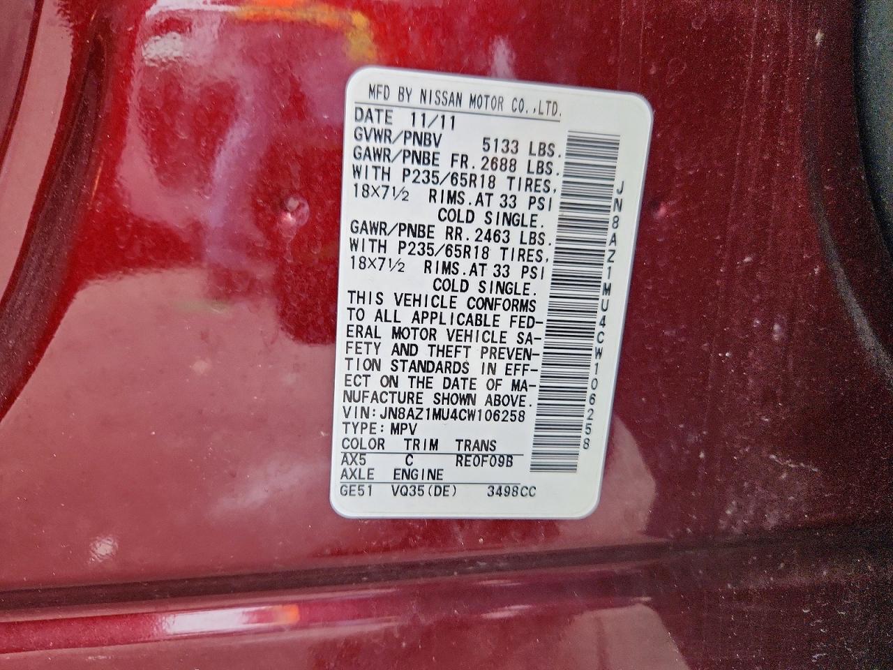 2012 Nissan Murano S Maroon vin: JN8AZ1MU4CW106258