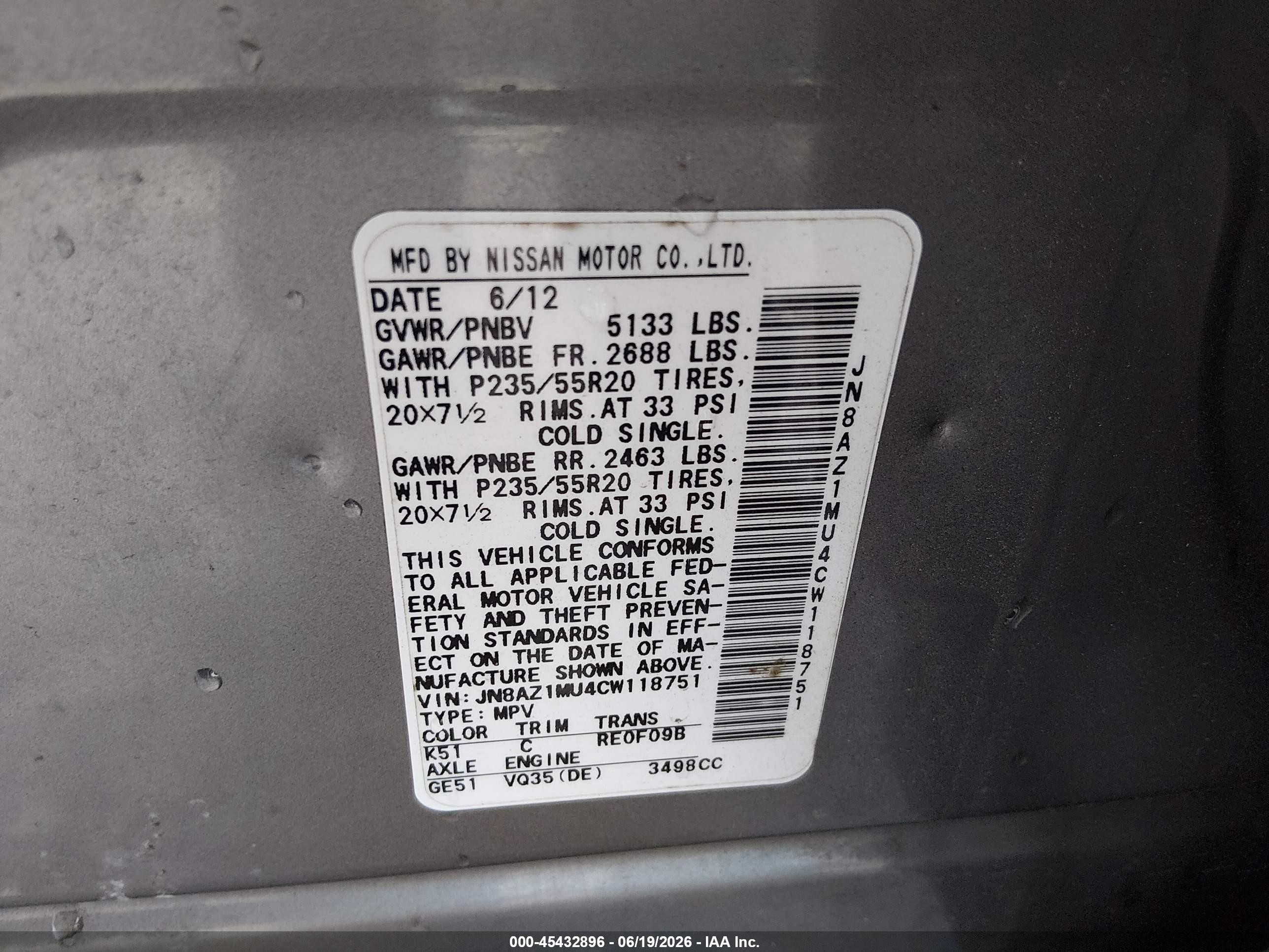 2012 Nissan Murano Le Gray vin: JN8AZ1MU4CW118751