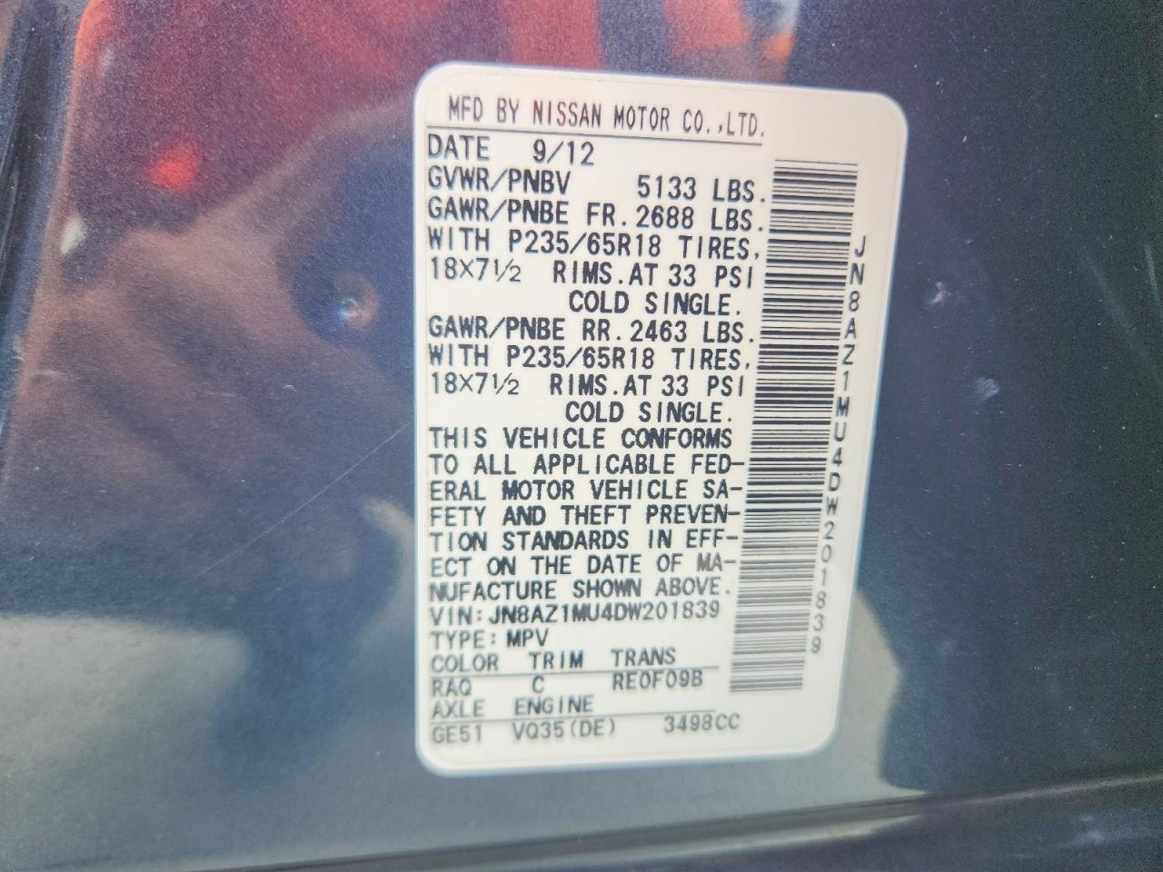 2013 Nissan Murano S Blue vin: JN8AZ1MU4DW201839