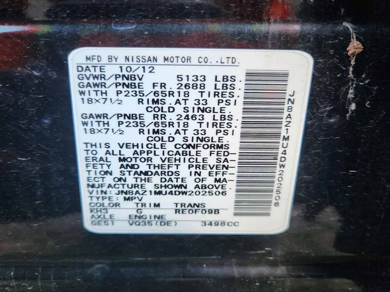 2013 Nissan Murano S Black vin: JN8AZ1MU4DW202506