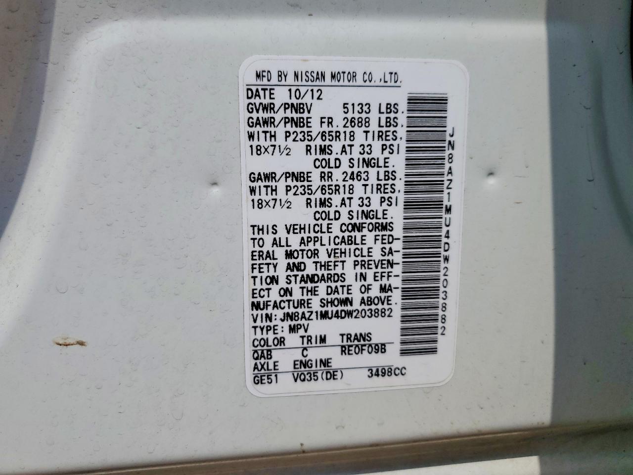 2013 Nissan Murano S White vin: JN8AZ1MU4DW203882