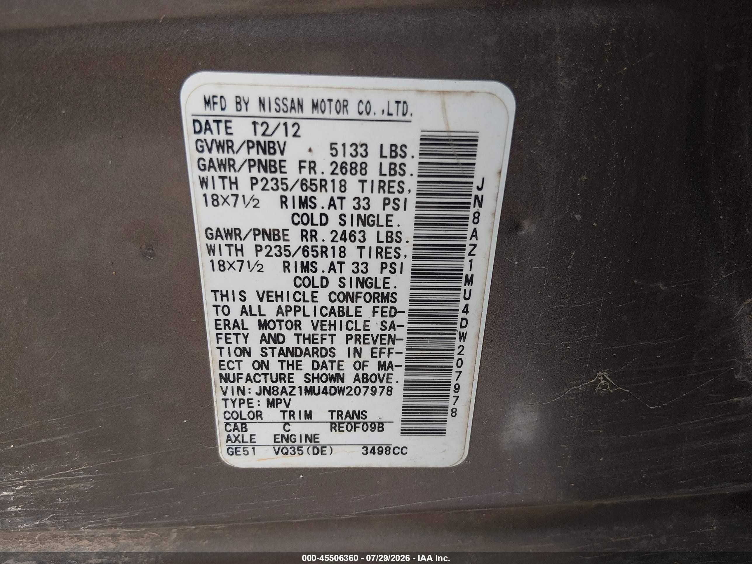 2013 Nissan Murano S Gray vin: JN8AZ1MU4DW207978