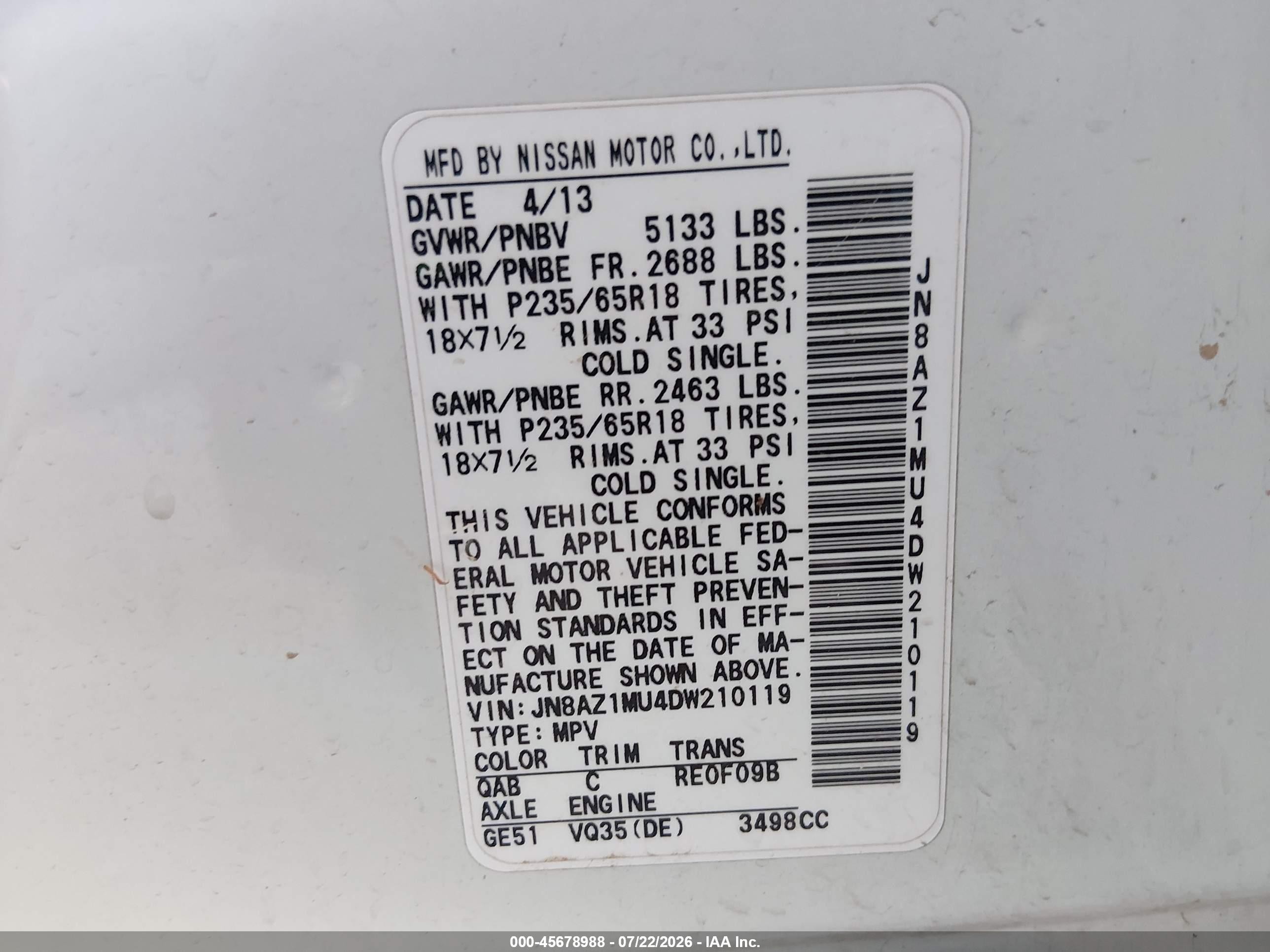 2013 Nissan Murano S Cream vin: JN8AZ1MU4DW210119