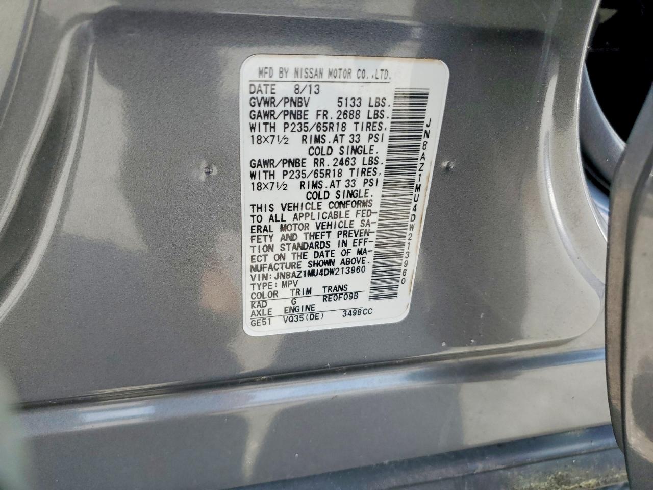 2013 Nissan Murano S Gray vin: JN8AZ1MU4DW213960