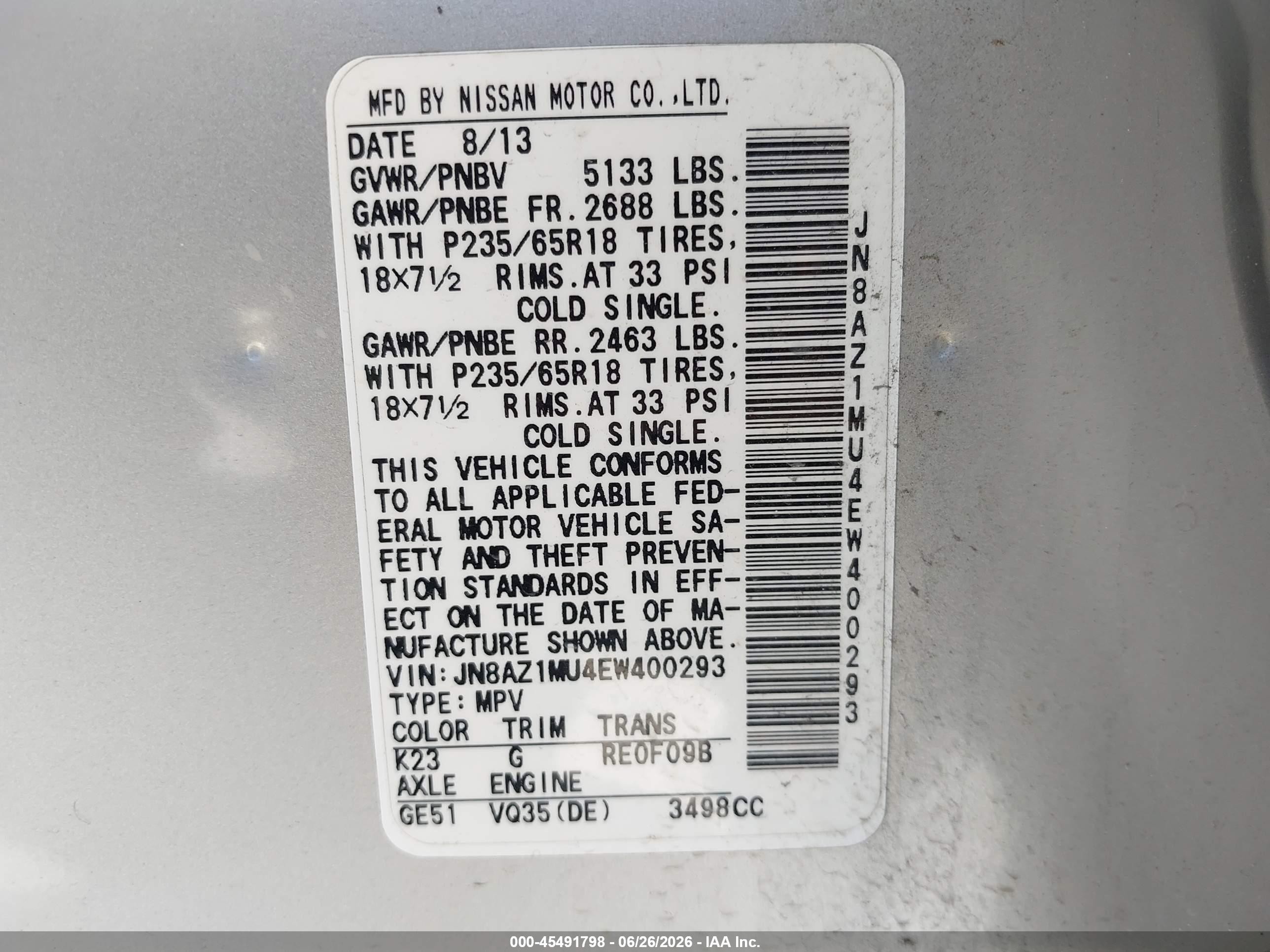 2014 Nissan Murano Sl Silver vin: JN8AZ1MU4EW400293