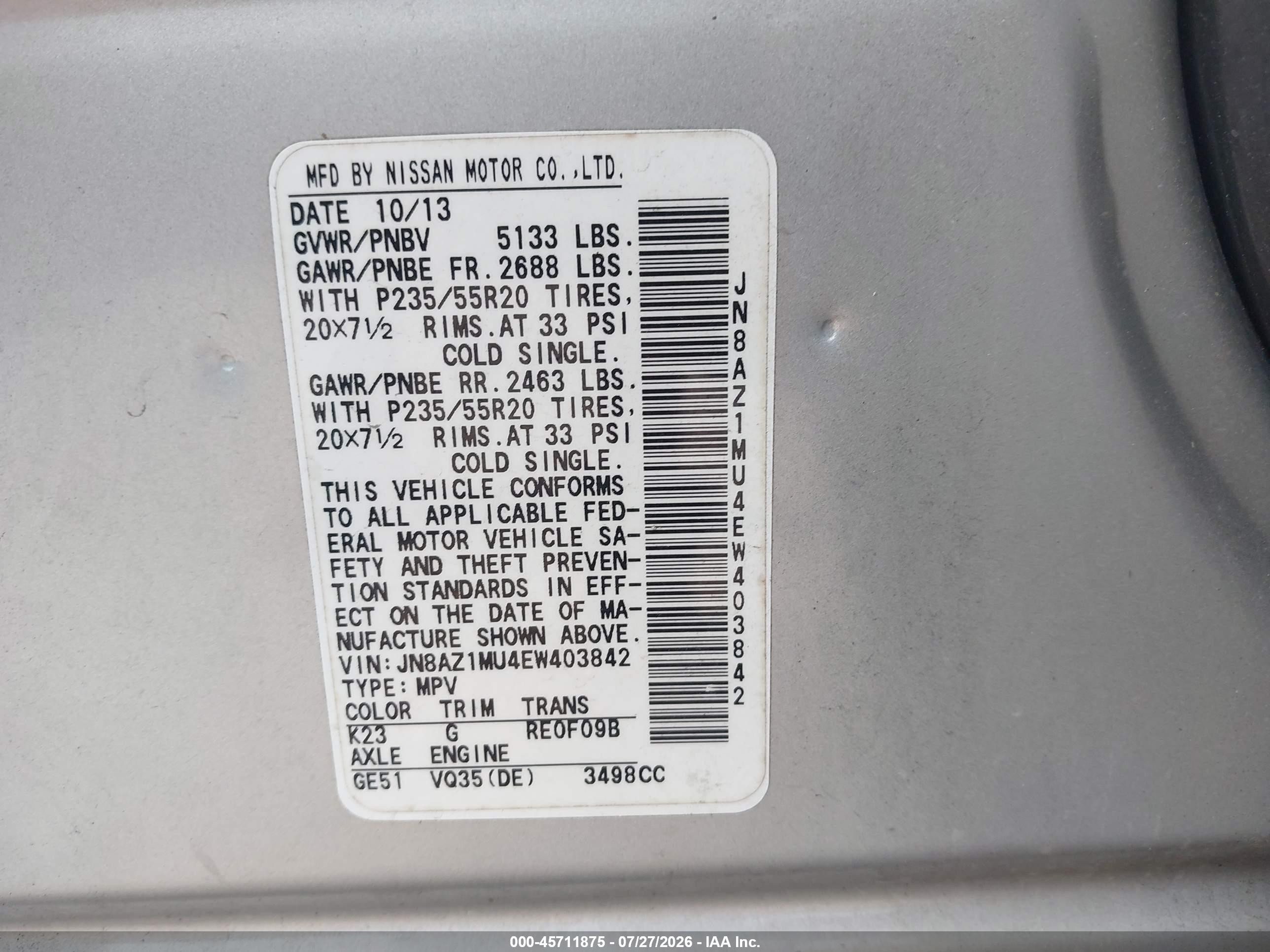 2014 Nissan Murano Le Gray vin: JN8AZ1MU4EW403842