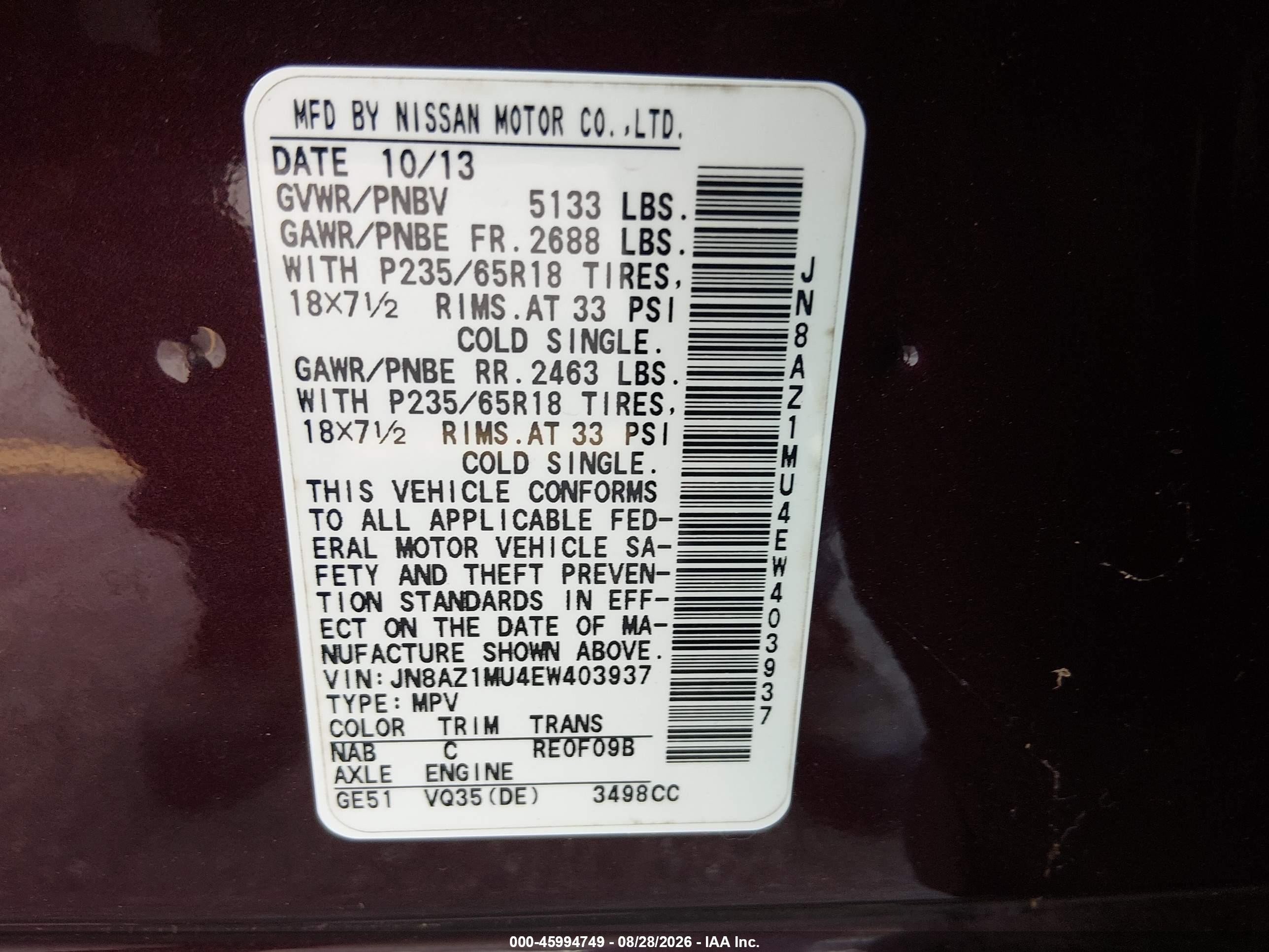 2014 Nissan Murano Sl Maroon vin: JN8AZ1MU4EW403937