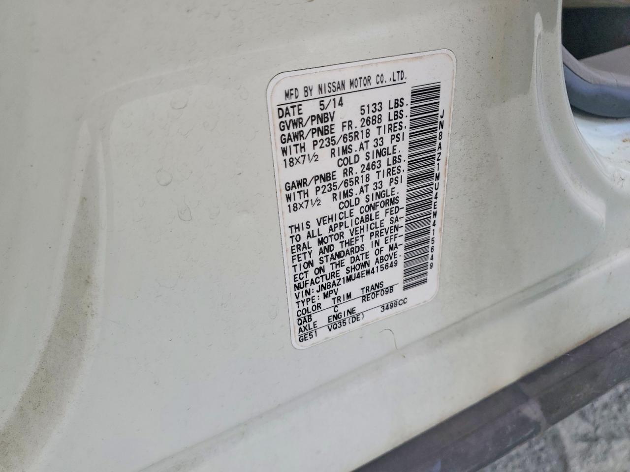 2014 Nissan Murano S White vin: JN8AZ1MU4EW415649