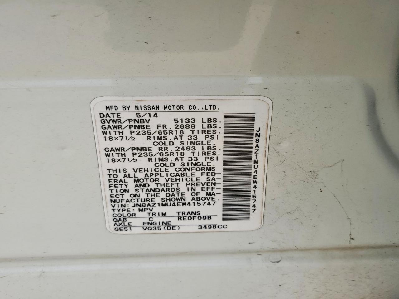 2014 Nissan Murano S White vin: JN8AZ1MU4EW415747