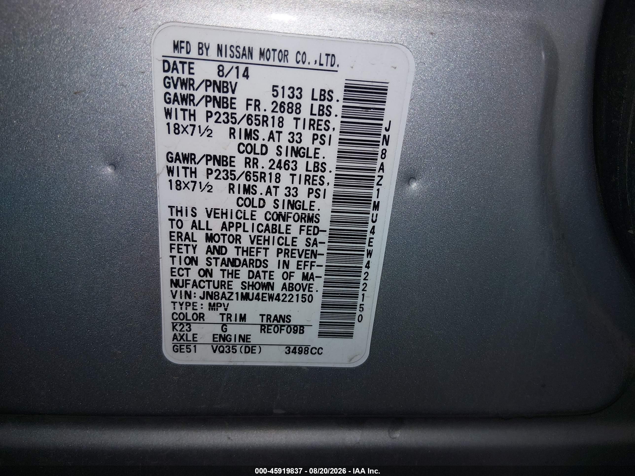 2014 Nissan Murano S Silver vin: JN8AZ1MU4EW422150